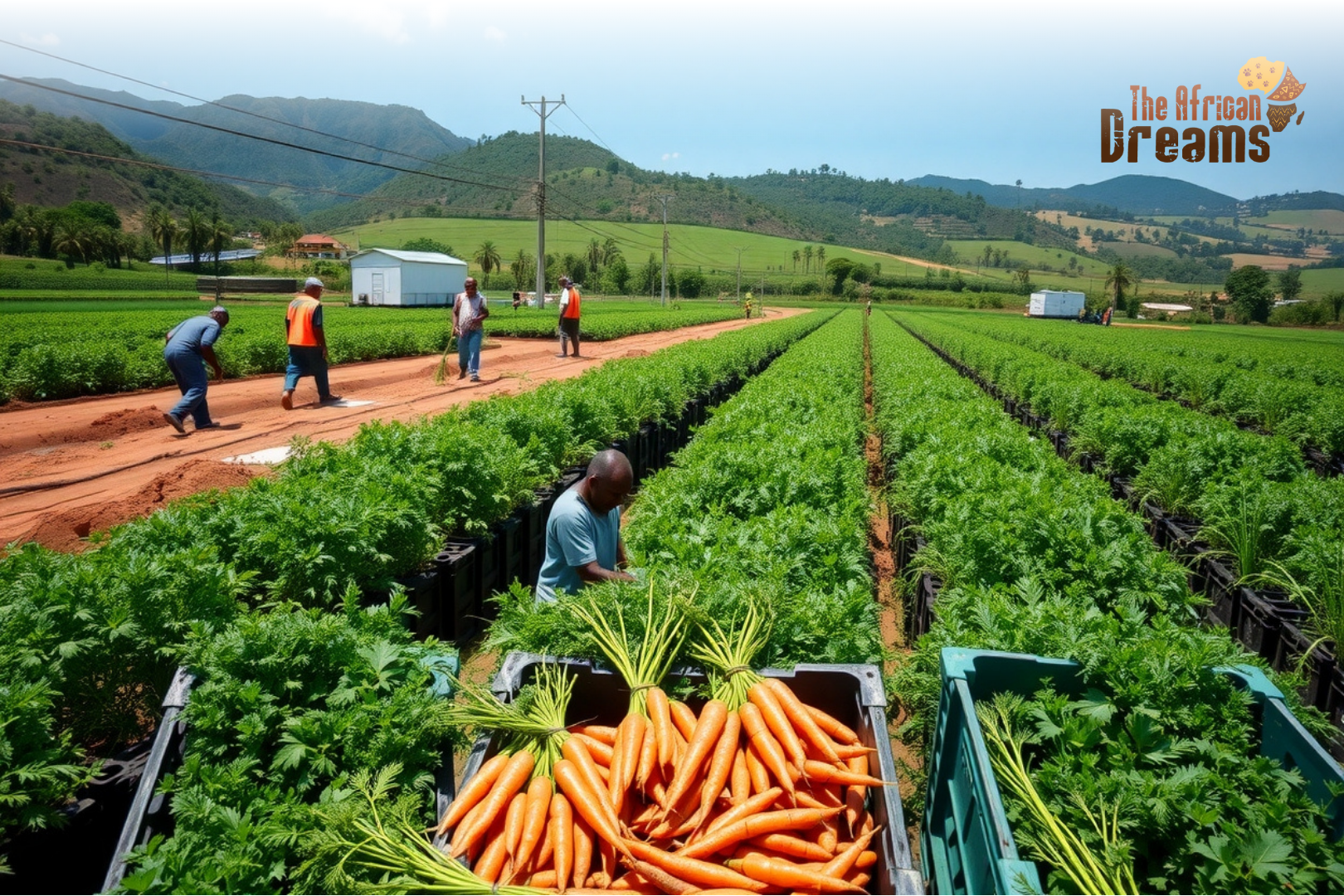 carrot-farming-congo-realistic A realistic photo of Congolese farmers harvesting and irrigating carrot fields with solar-powered cold storage units in a rural tropical landscape.