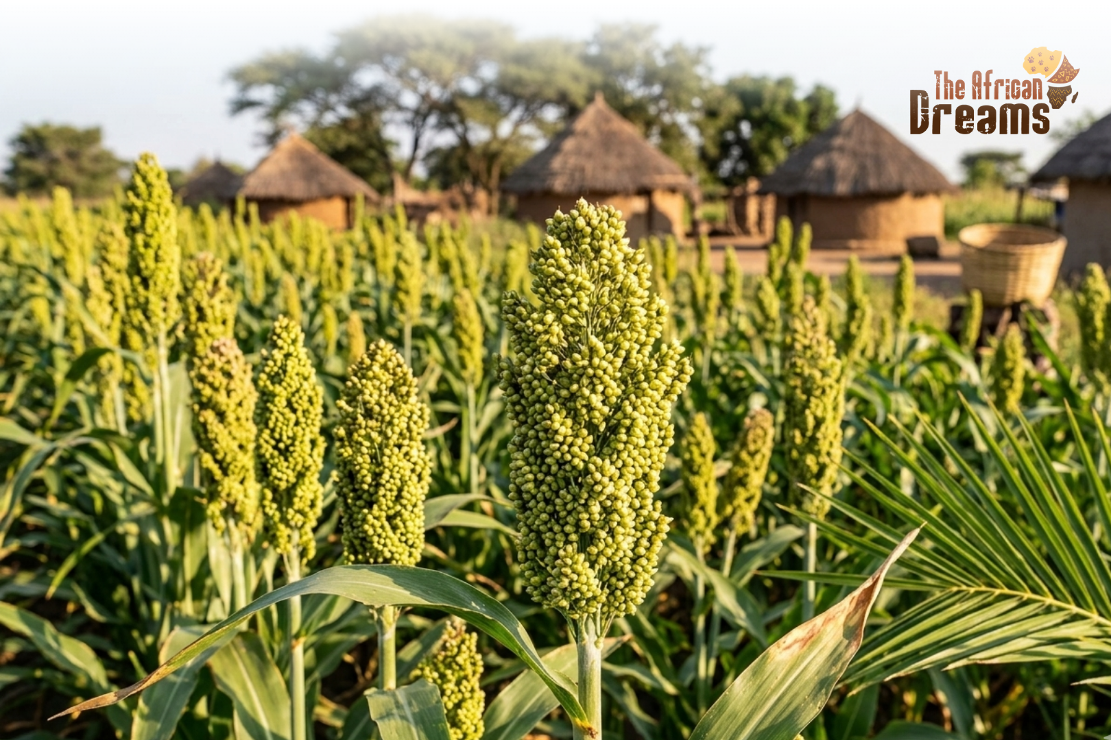 A close-up photograph focuses on a central, detailed green sorghum seed head (panicle) in a field, with numerous other stalks. The background, in a soft focus, shows traditional African thatched-roof huts and a large woven basket under trees in the warm light of a harvest afternoon.
