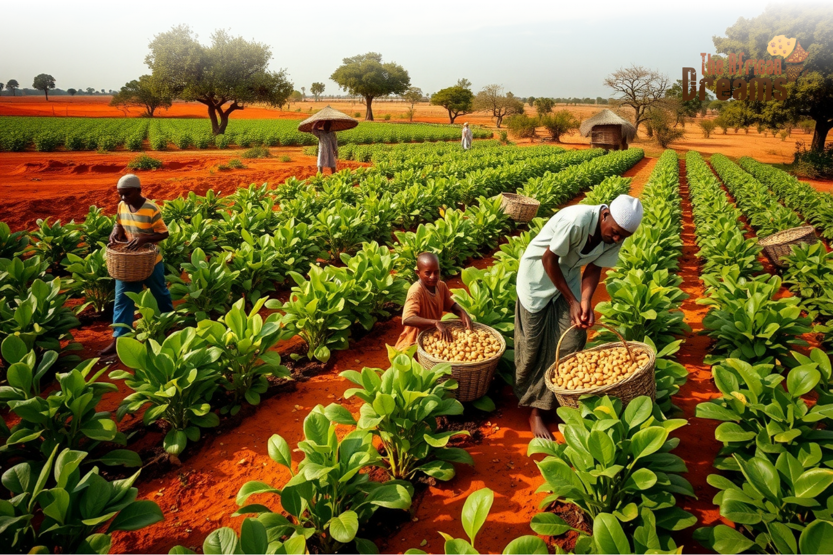 chad-peanut-farming-header-image A realistic view of farmers harvesting peanuts in a green field in southern Chad with baskets, village huts, and natural African landscape