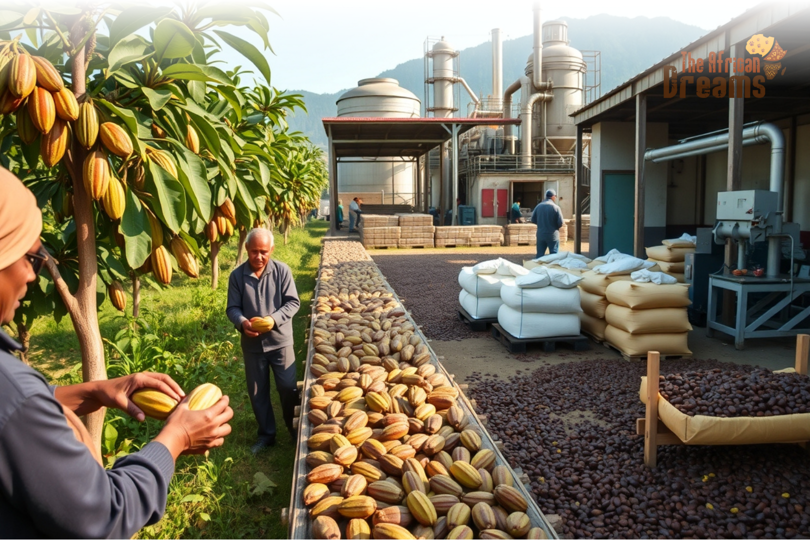 congo-cocoa-butter-processing A realistic scene of Congolese cocoa farmers drying beans with a modern cocoa butter processing plant operating in the background.