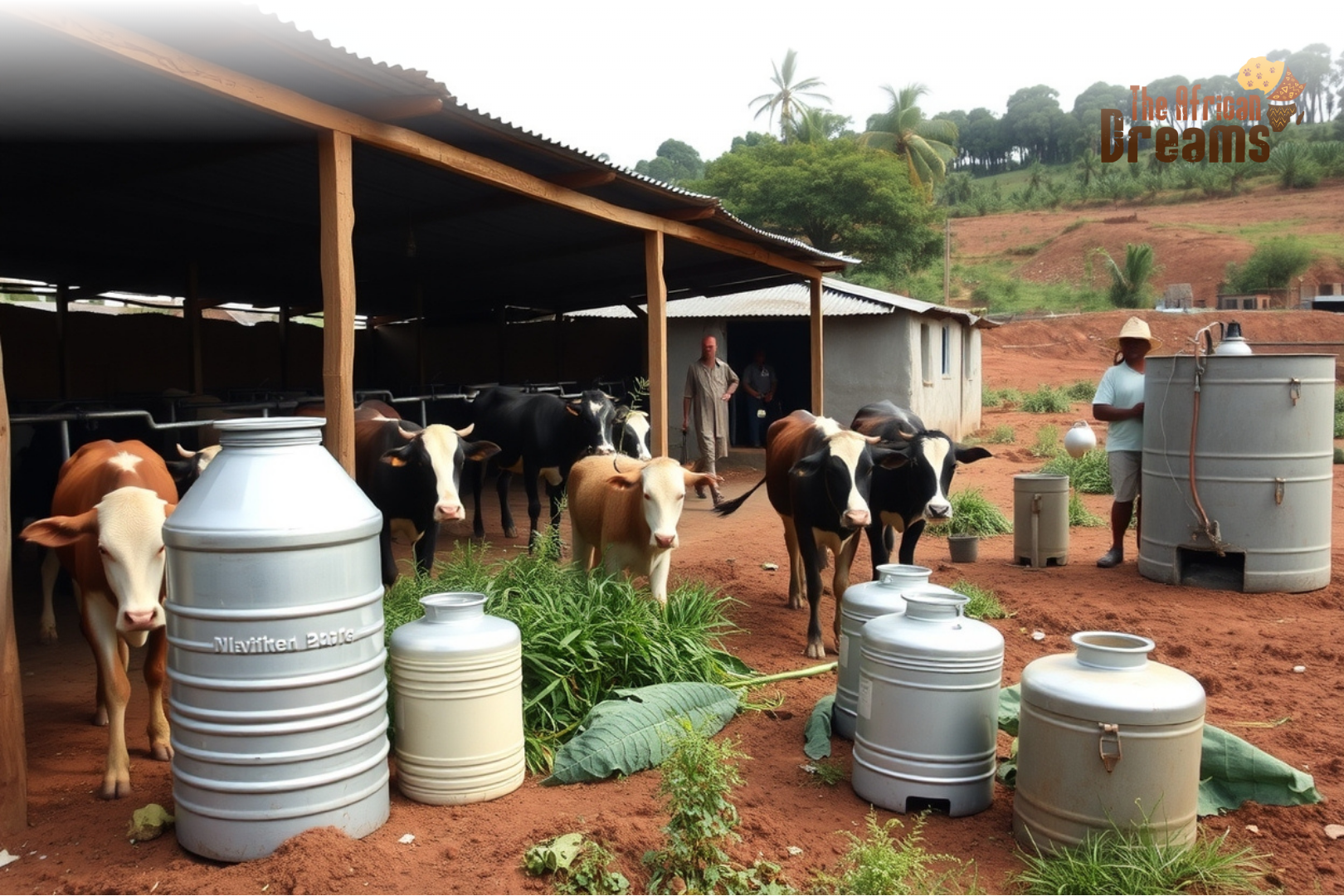 congo-dairy-industry-investment-scene A realistic rural Congolese dairy farm with cows, farmers, and basic milk processing equipment.