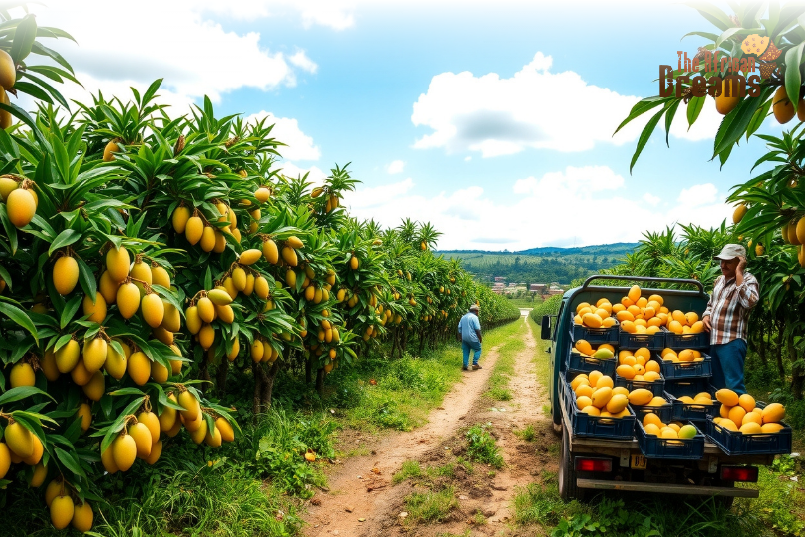 congo-mango-investment-potential Farmers harvesting mangoes in Congo on a sunny day, showcasing the country’s potential for agricultural investment