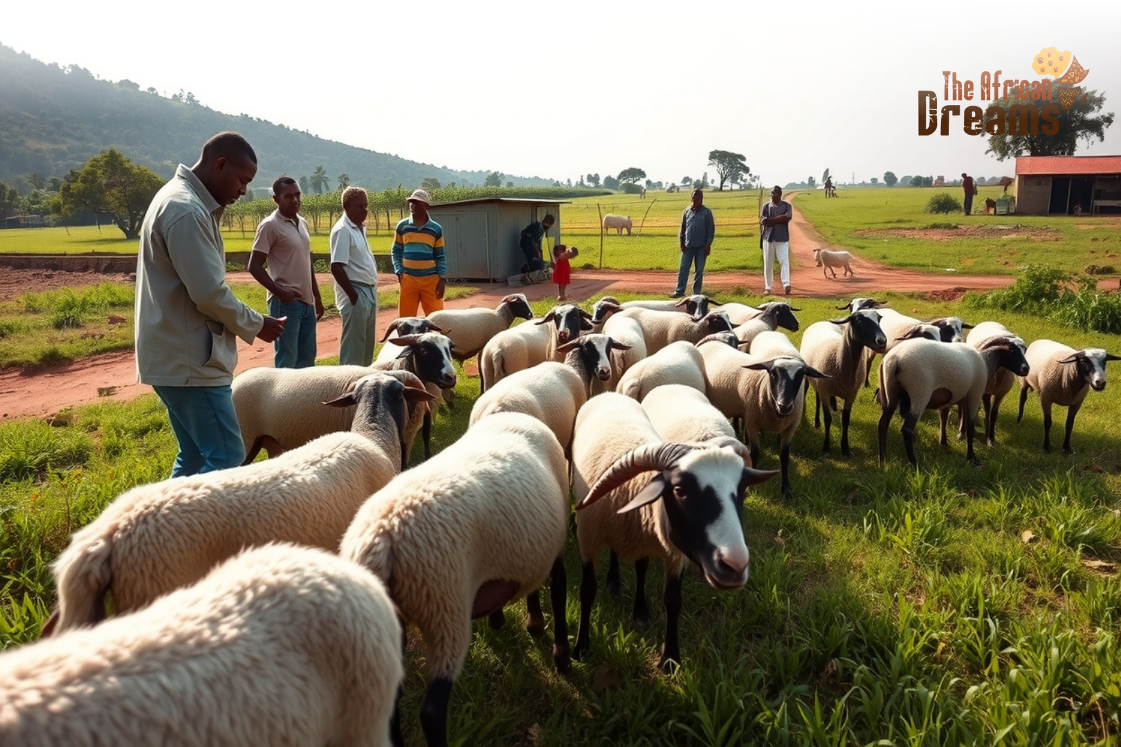 A realistic photo of Congolese farmers tending healthy sheep on open green farmland with a veterinarian checking one of the animals.