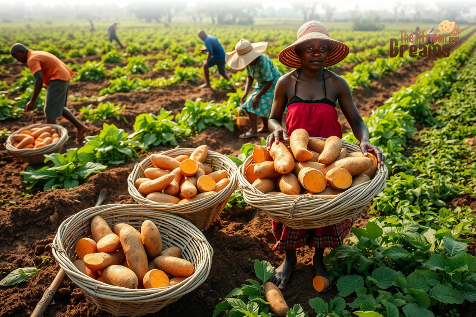 congo_sweet_potato_industry_realistic Farmers in rural Congo harvesting orange-fleshed sweet potatoes in green fields with baskets and simple tools.