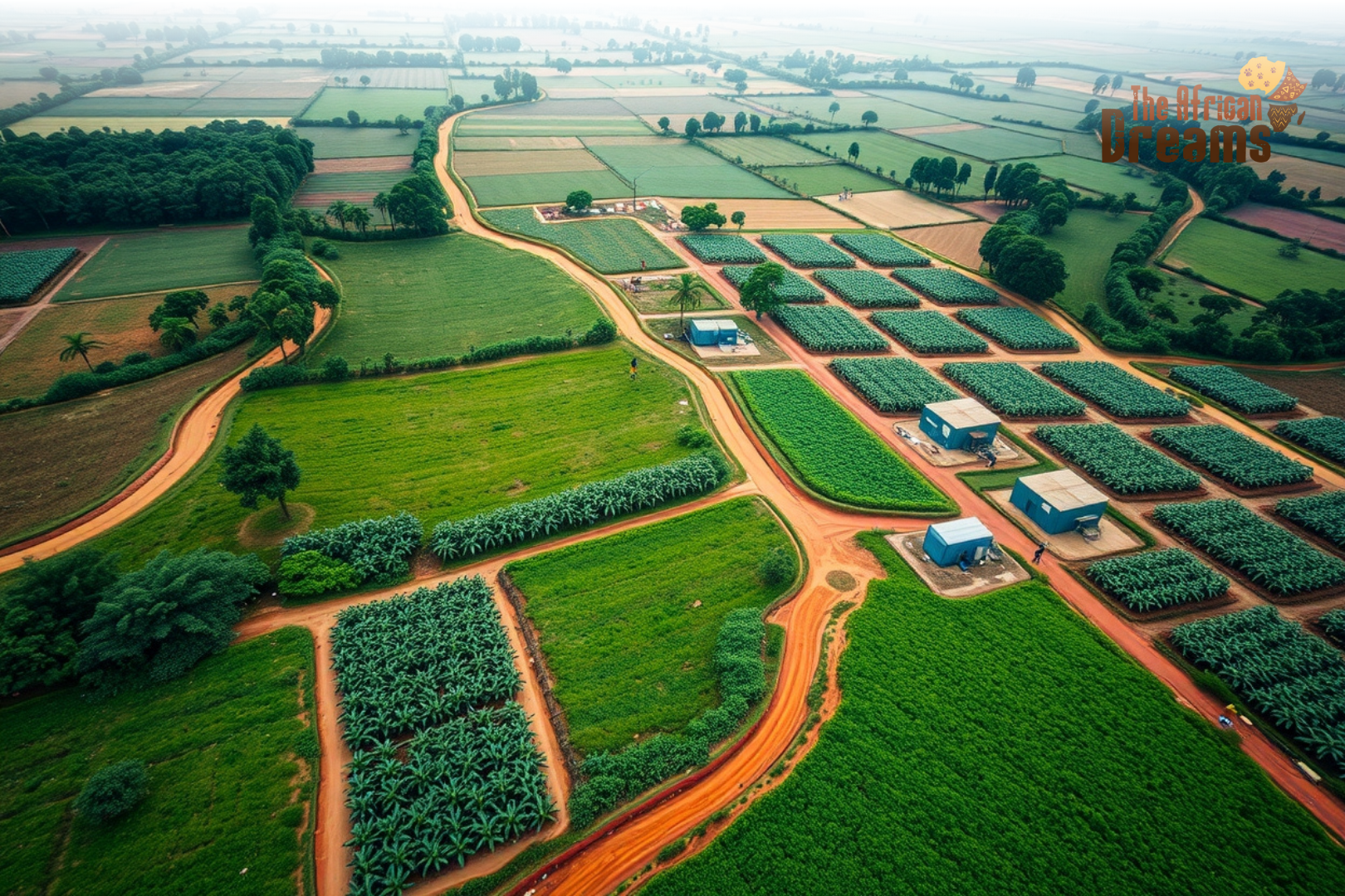 ghana-agriculture-modernization-investment Aerial view of Ghanaian farmland with farmers using drones, irrigation systems, and modern agricultural tools across cocoa and cassava fields.