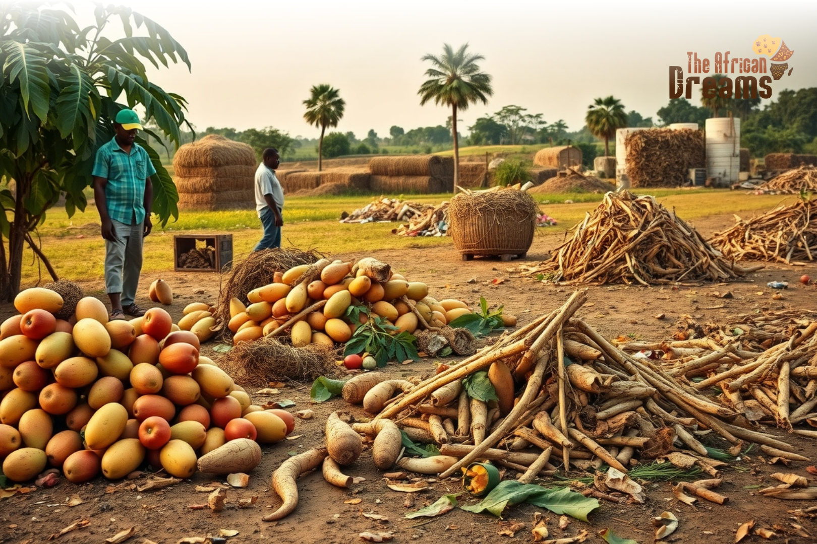 A realistic image of Ghanaian farmers and a technician using an IoT-equipped cold storage facility to preserve harvested produce, with visible agricultural waste being prepared for reuse.