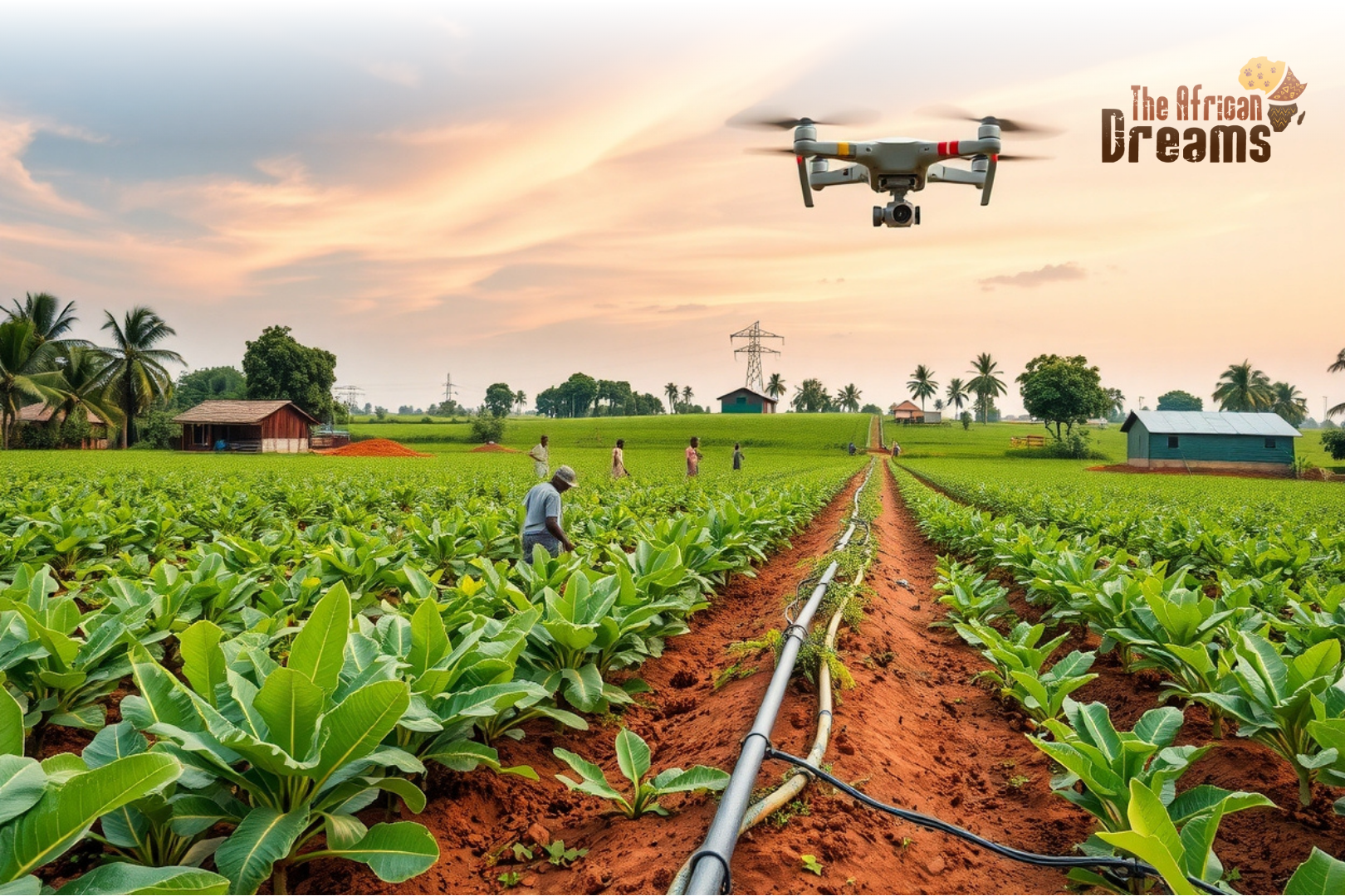 A realistic scene of Ghanaian farmers working in crop fields with cocoa, cassava, and irrigation lines, alongside a drone monitoring the farm.