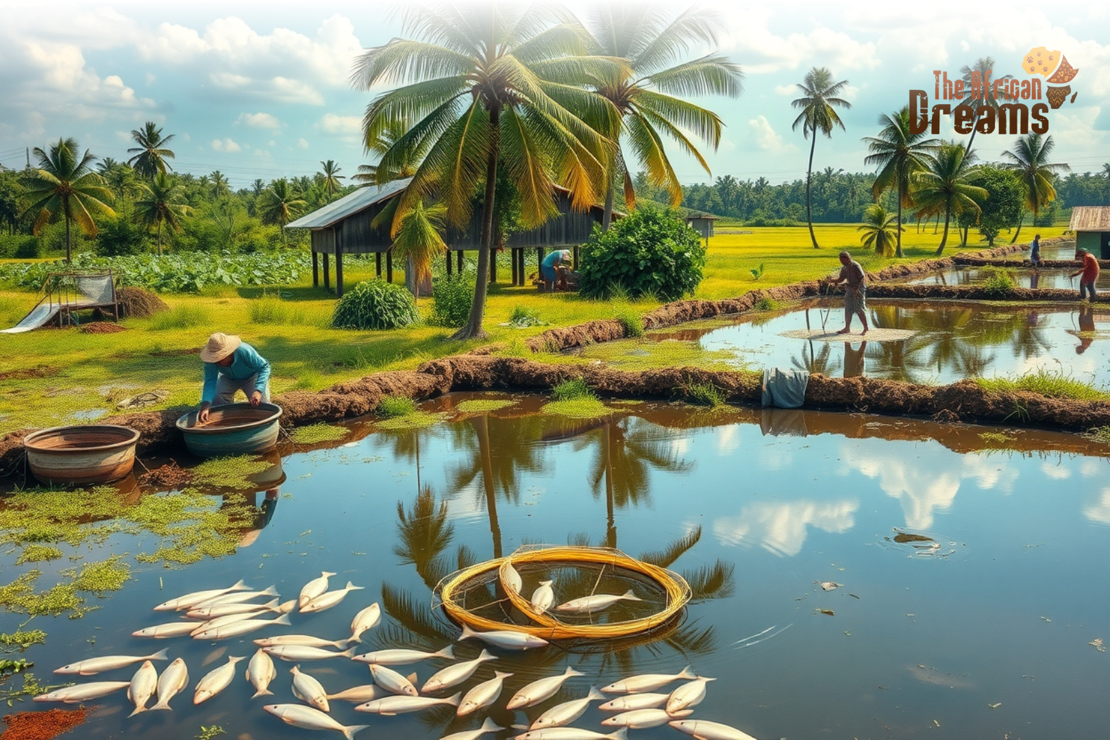 liberia-fish-farming-investment Liberian farmers managing fish ponds in a tropical rural setting, symbolizing sustainable aquaculture and investment opportunities.