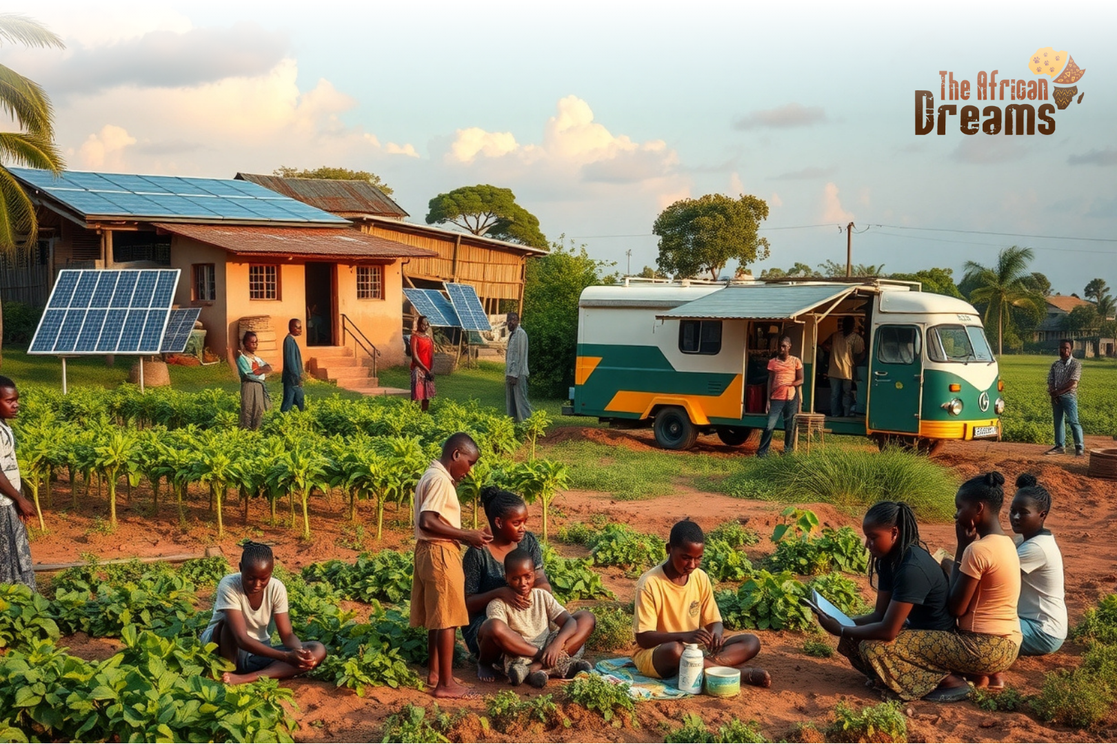 A realistic image of rural Mozambican communities using solar energy, modern farming support, mobile healthcare services, and youth vocational training programs driven by social enterprises.