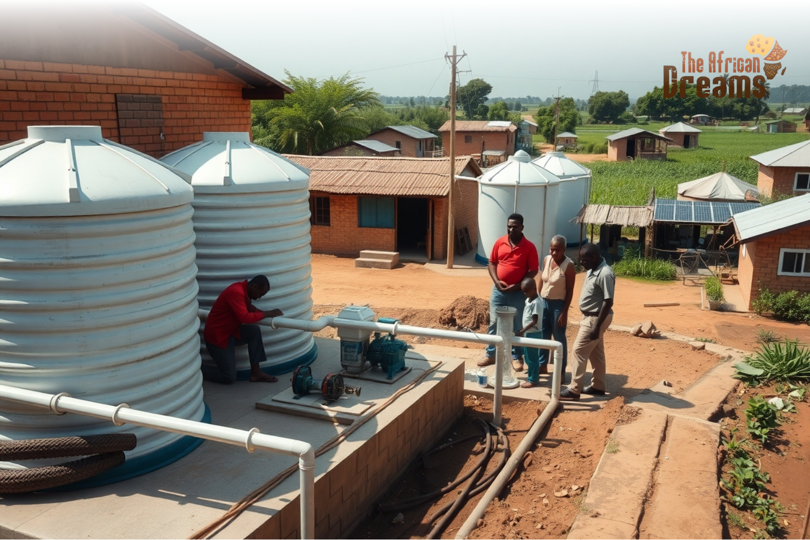A realistic image of a modern water infrastructure site in rural Mozambique with workers, water tanks, and solar-powered pumps.