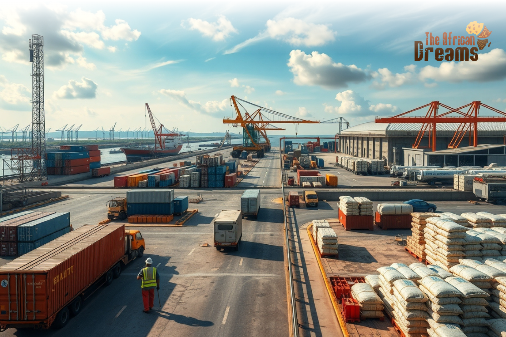 mozambique_manufacturing_outlook A detailed industrial scene in Mozambique showing factories, port activities, energy facilities and agro-processing elements, reflecting both growth potential and development challenges.