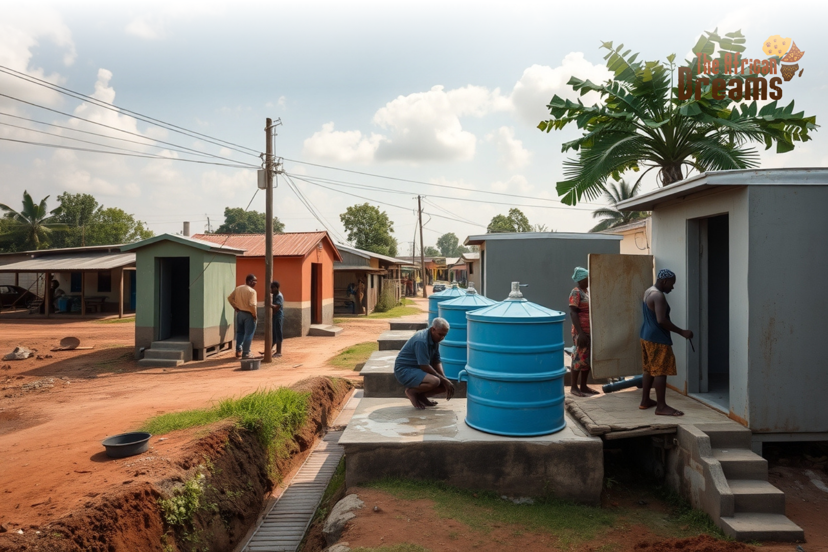 mozambique_sanitation_infrastructure_header A realistic image showing community sanitation facilities in Mozambique, including clean water access points and simple toilet structures in both rural and urban settings.