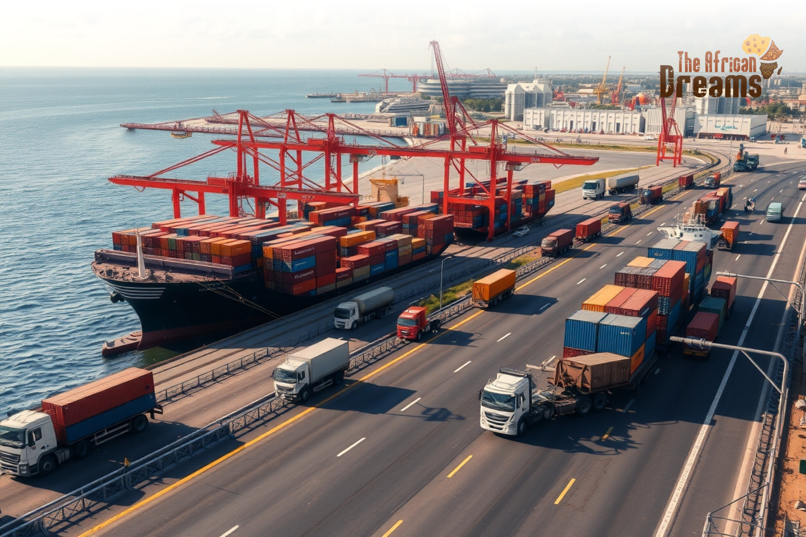 A modern Mozambican port with cargo ships, cranes, containers and transport links, symbolizing regional trade integration and investment opportunities.