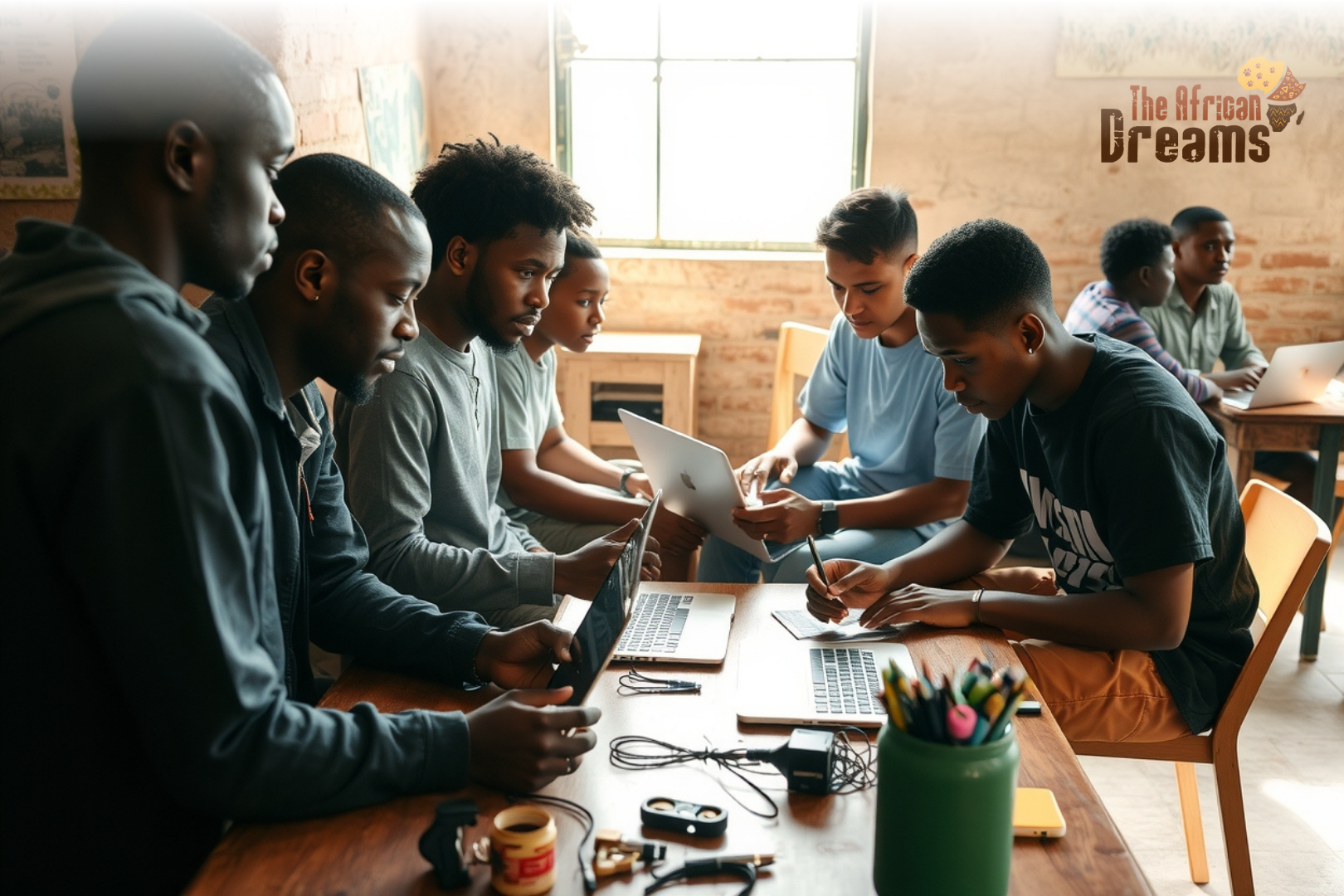 Group of Mozambican youth collaborating on small business and technology projects in a bright modern setting with subtle local cultural elements.