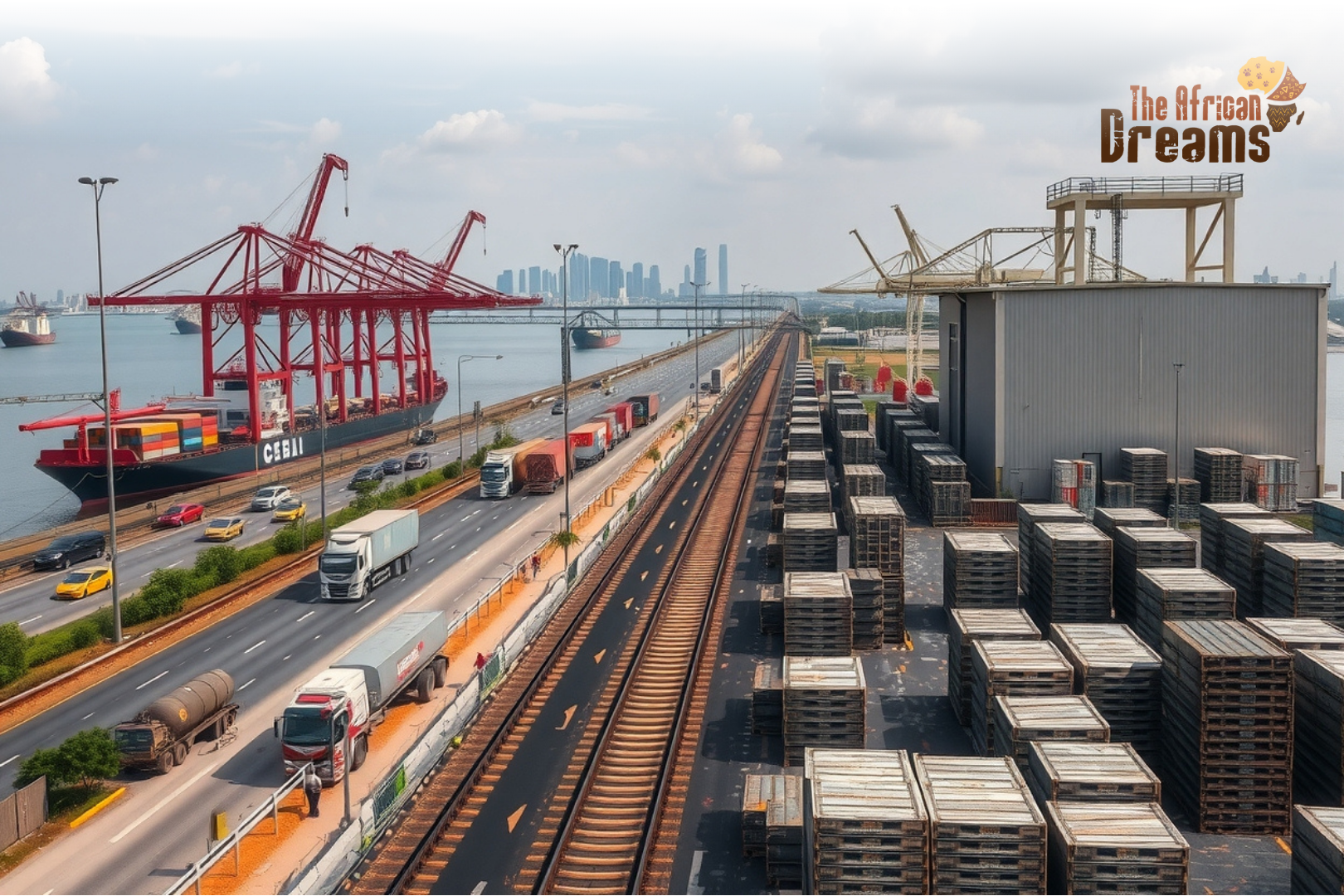 nigeria-logistics-investment A realistic image of Nigeria’s modern logistics infrastructure with ports, trucks, rail freight, and warehouses.