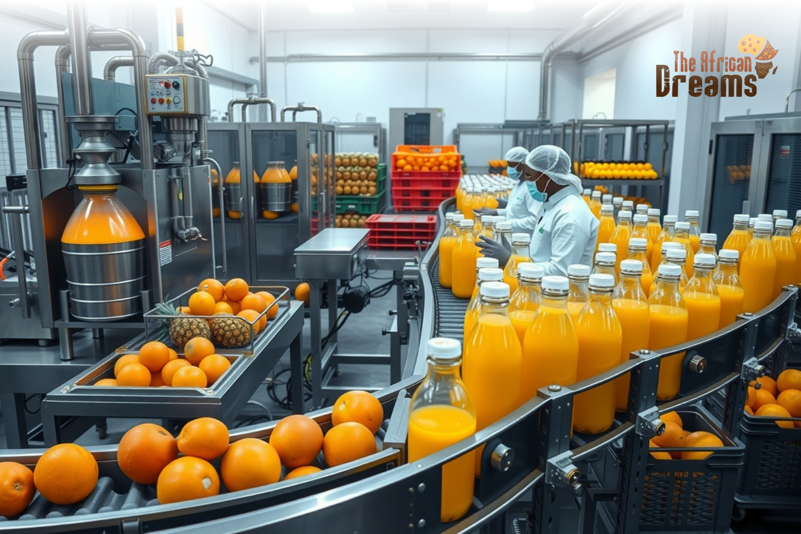 nigeria-processed-juice-industry-header Modern fruit juice processing plant in Nigeria with fresh fruits, industrial juicing machines, and automated packaging lines