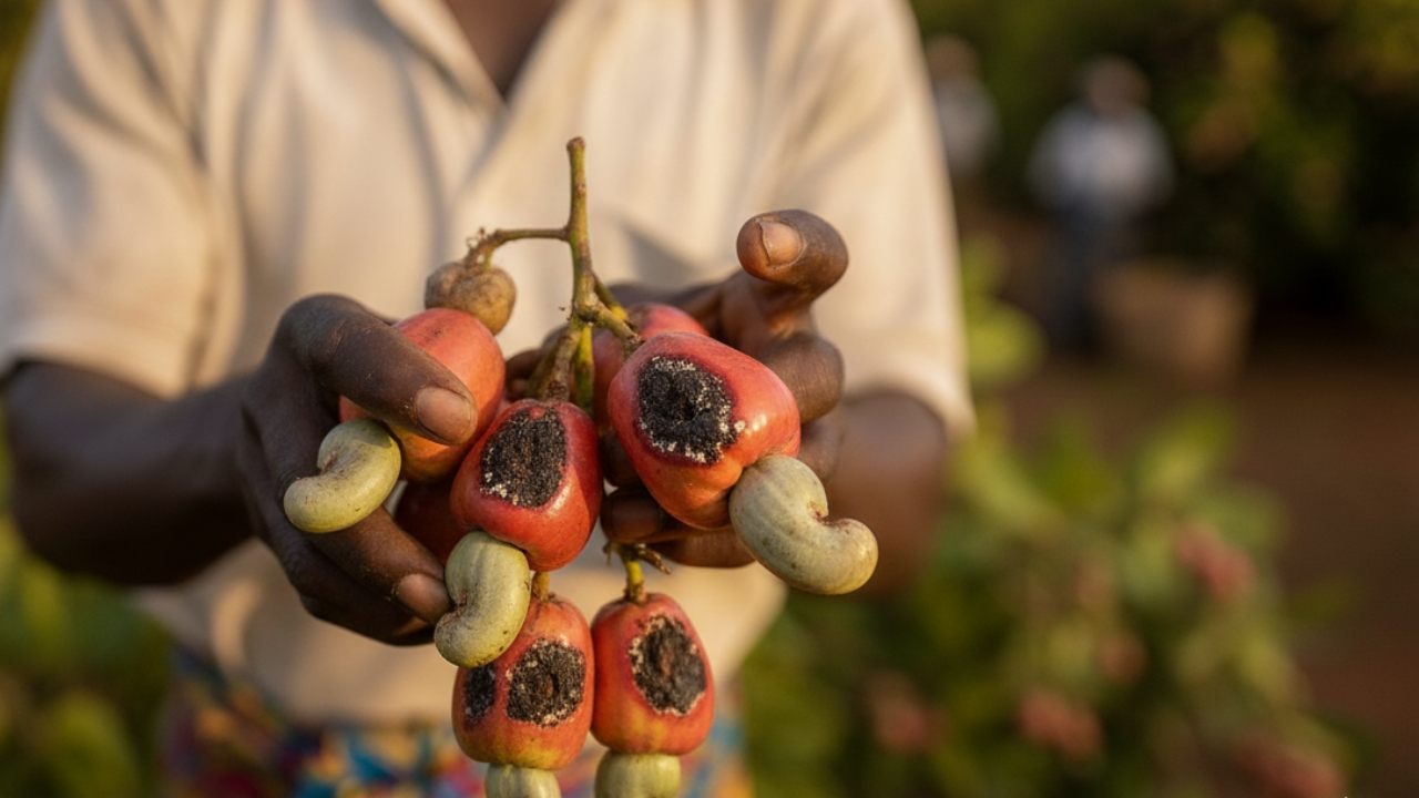 a man is holding defective cashewnuts