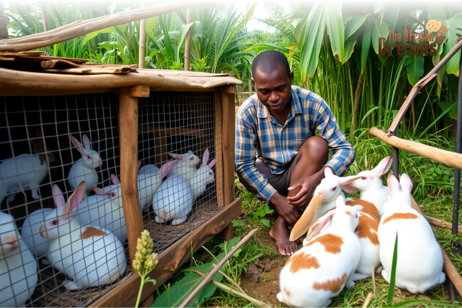 A Congolese farmer tending to rabbits in simple wooden hutches on a small rural rabbit farm.