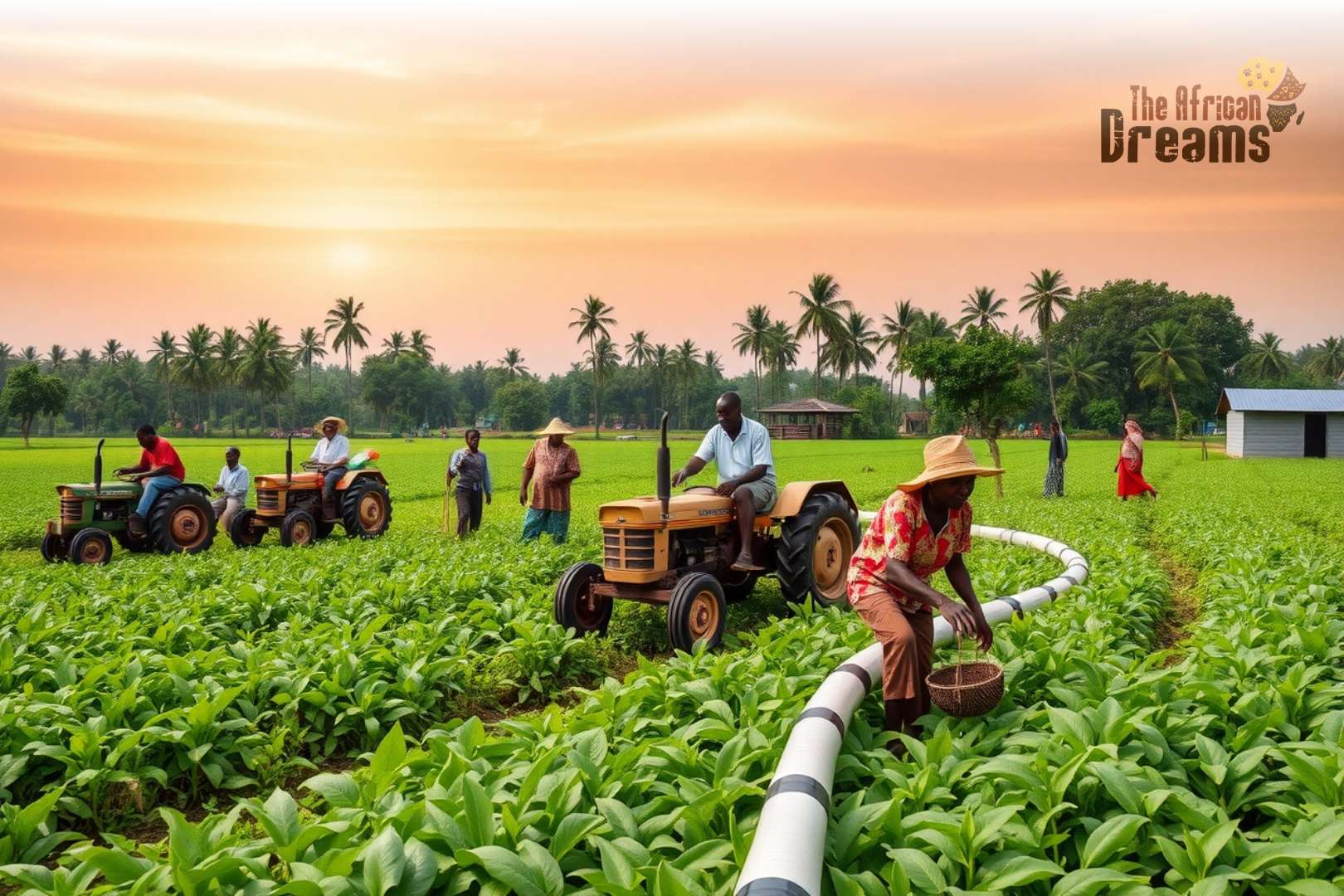 realistic-liberia-agricultural-financing-investment Realistic image of Liberian farmers using modern tools and irrigation systems in green fields, showing the impact of agricultural financing and rural investment.