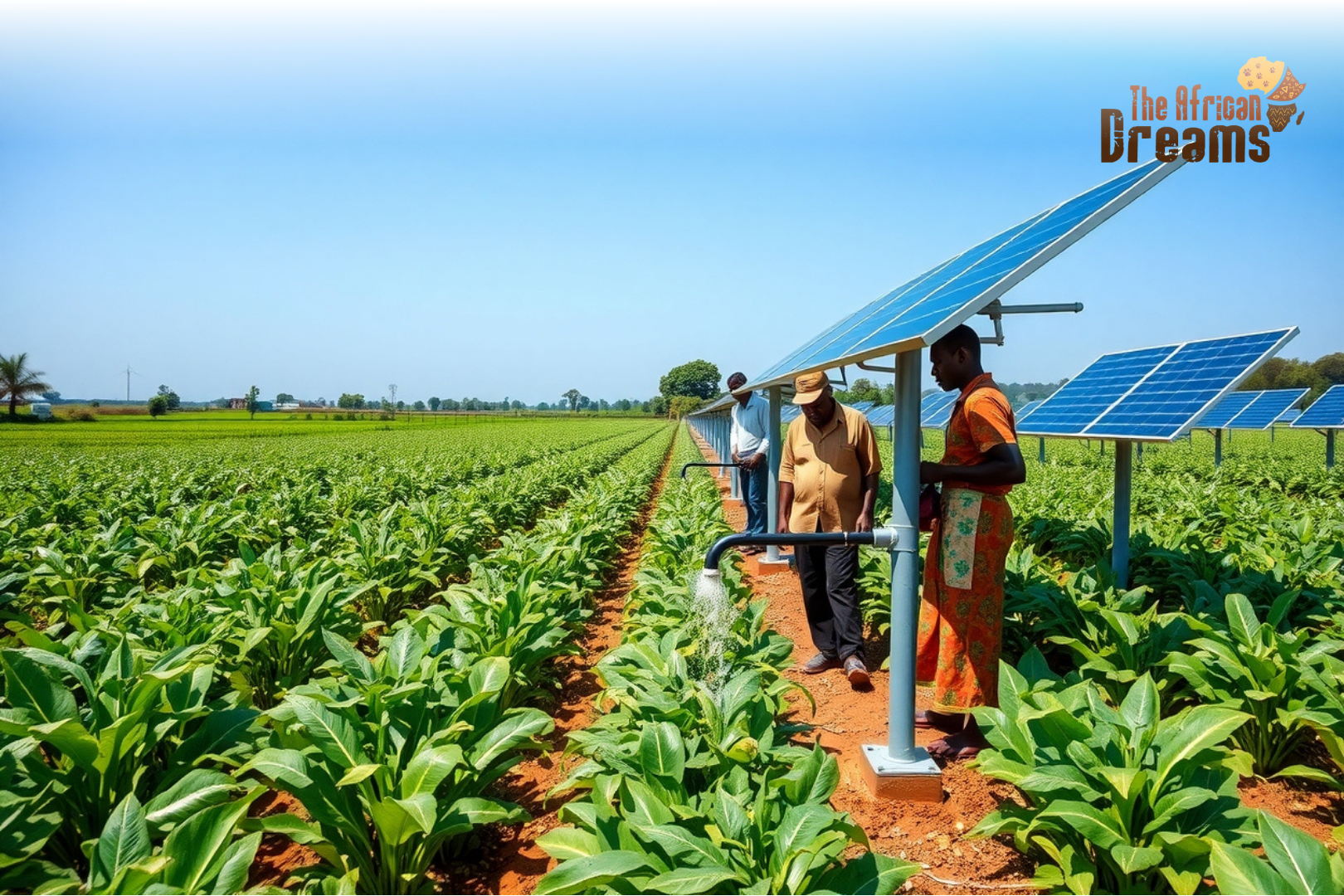 Nigerian farmers using solar-powered pumps to irrigate green fields, representing sustainable agriculture and renewable energy investment.