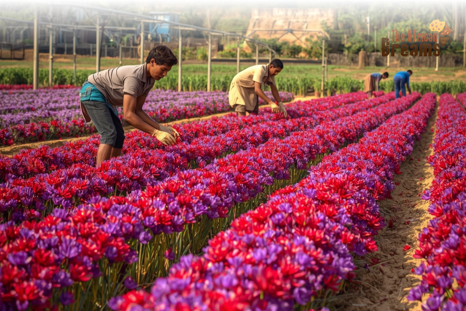Farmers in Congo harvesting saffron flowers with modern irrigation systems under tropical sunlight.Farmers in Congo harvesting saffron flowers with modern irrigation systems under tropical sunlight.