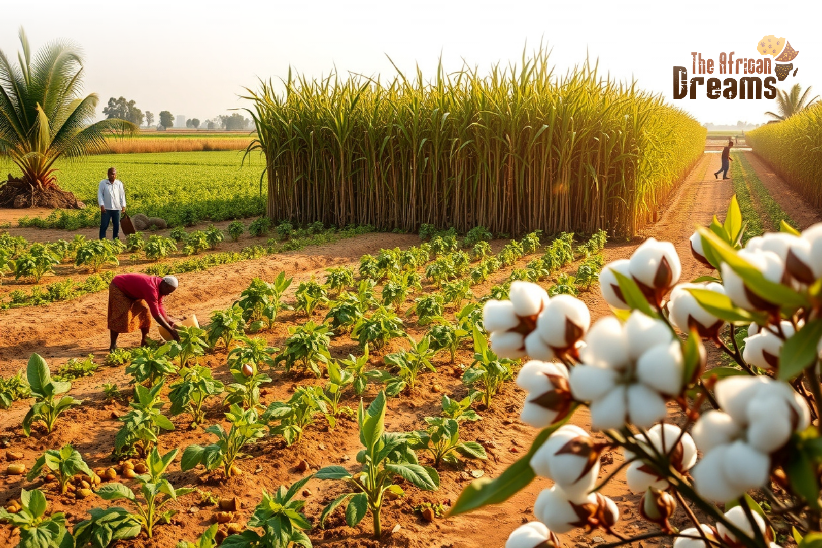 senegal-cash-crops-investment. vA realistic image of Senegalese farmers working in peanut fields, sugarcane plantations, and cotton farms, highlighting the country’s major cash crops.
