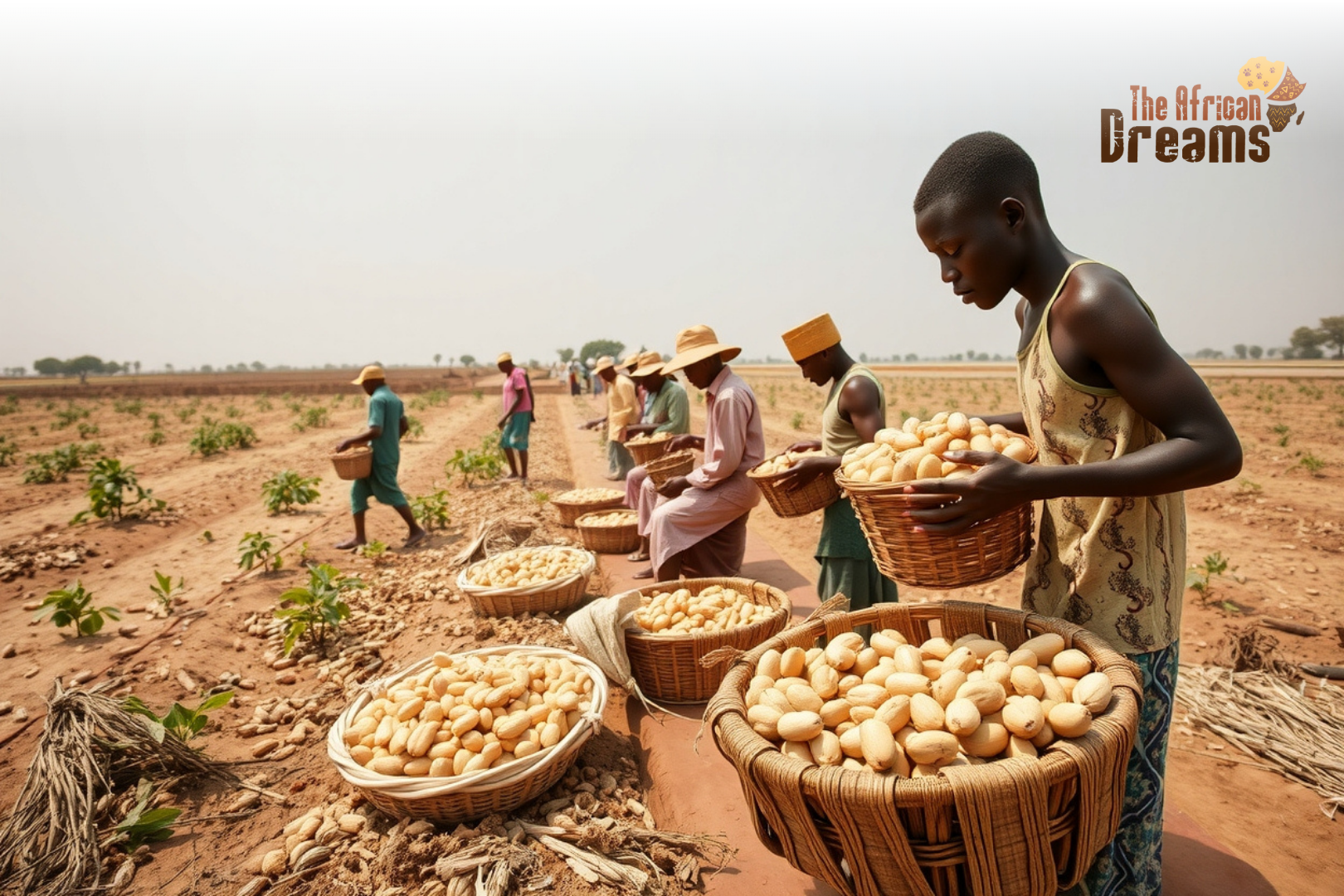A realistic image of Senegalese peanut farmers working in peanut fields with harvested groundnuts.