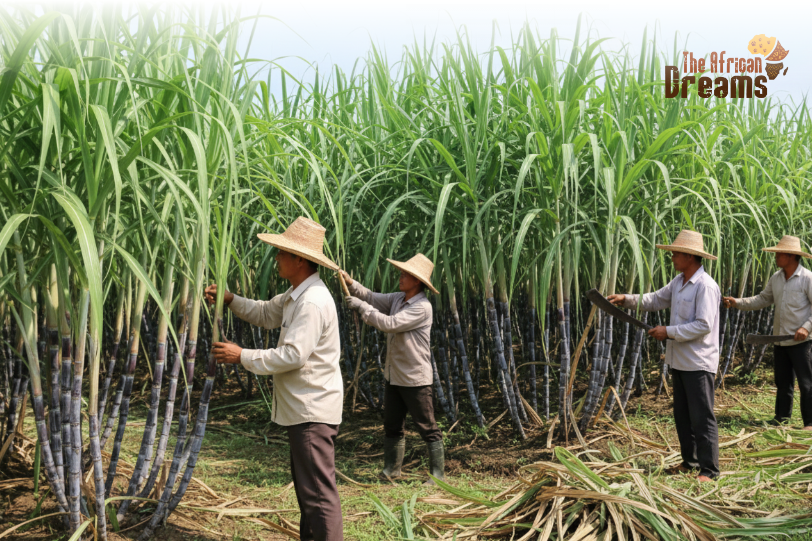 A realistic scene of sugarcane fields in northern Senegal with modern irrigation systems, farmers at work, and a processing plant in the distance.
