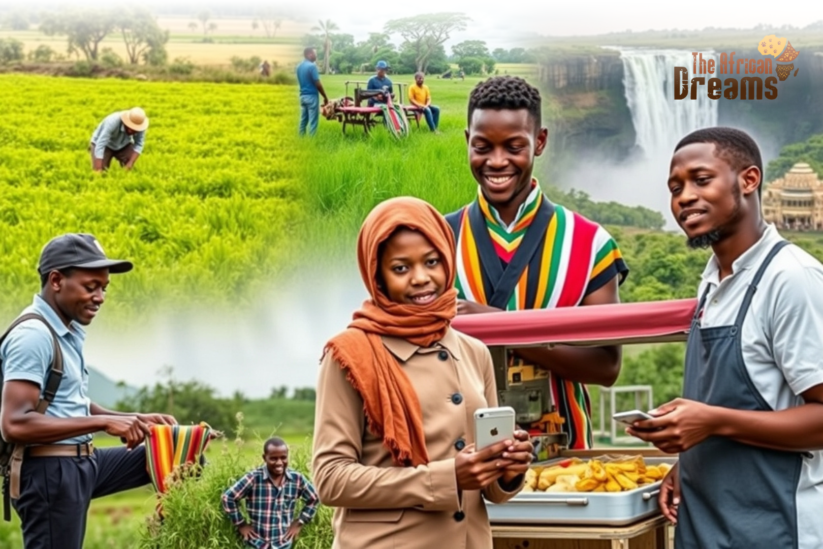 small-business-ideas-zimbabwe Young entrepreneurs in Zimbabwe engaging in agriculture, fashion, tourism, catering, and mobile money services.