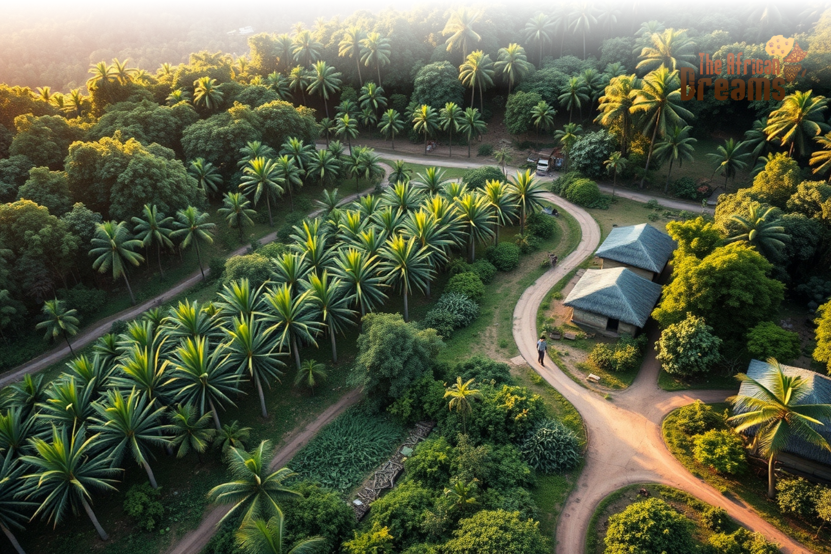 A realistic view of sustainable oil palm farming in the Congo Basin, showing mixed agroforestry, farmers harvesting fruit, and healthy tropical landscape.