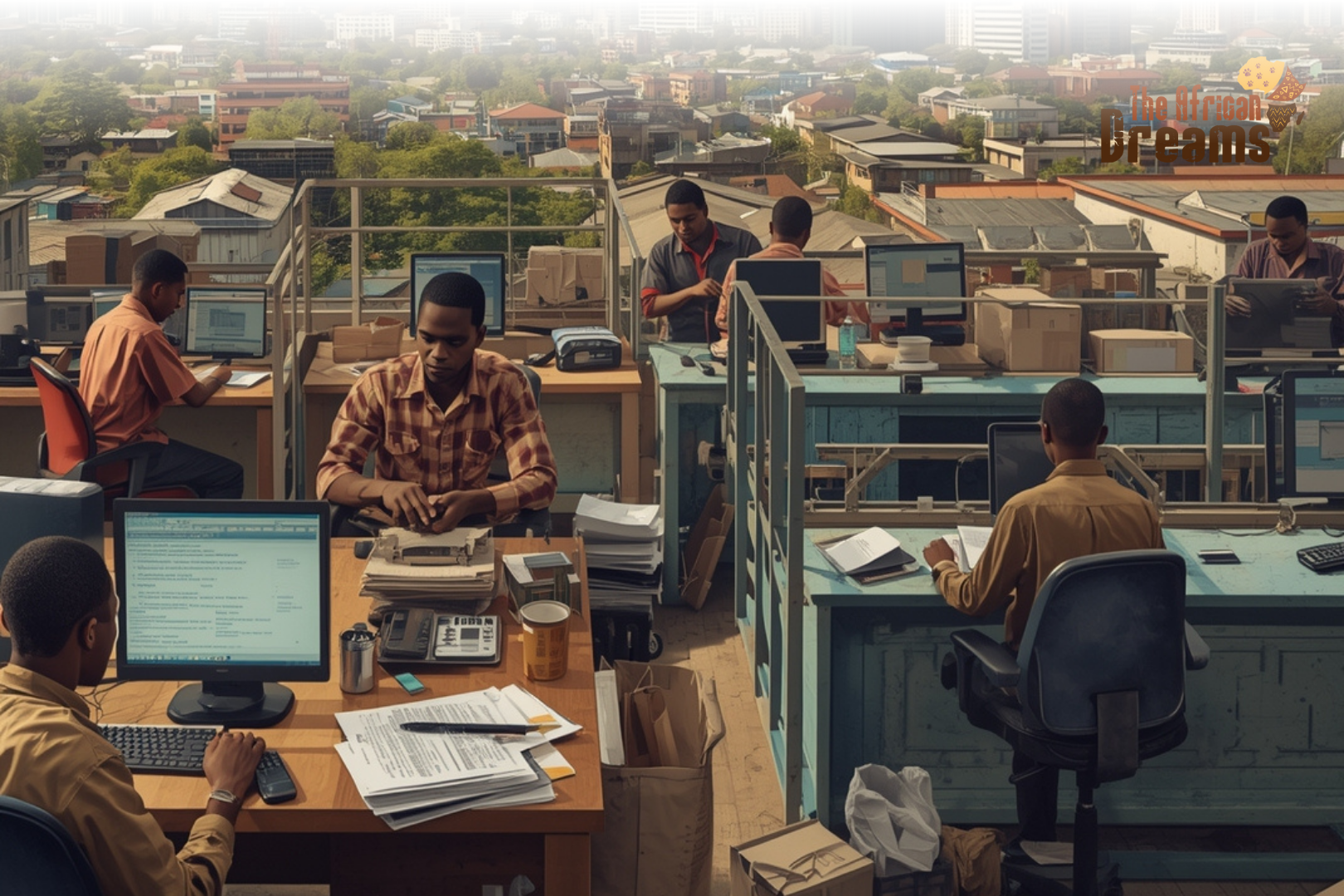 Malawian workers in offices and small factories using both manual tools and digital technologies to represent the country’s gradual technology adoption in formal sectors.