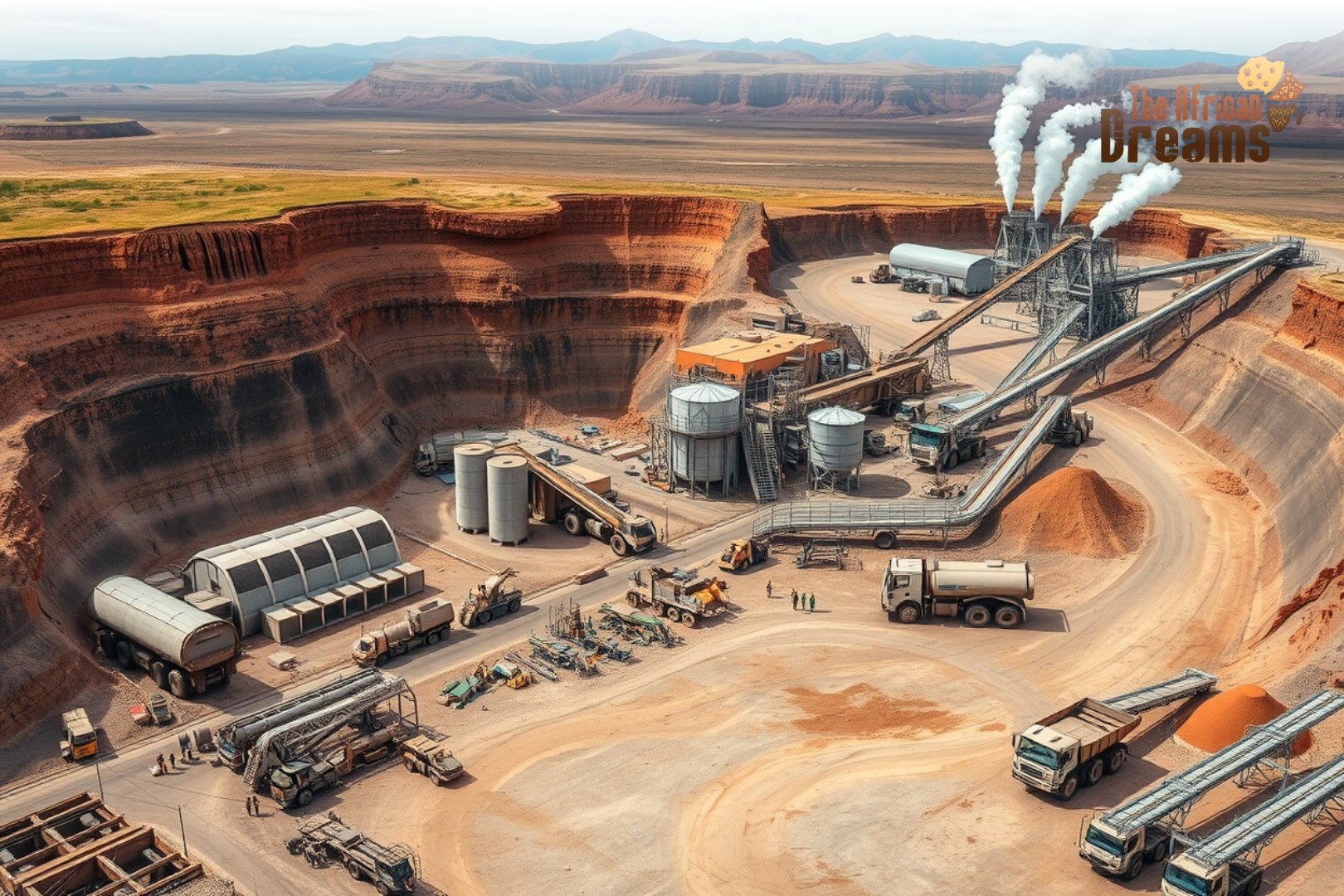 zimbabwe-mining-investment-scene Active open-pit mine in Zimbabwe with machinery and processing facilities, showing the country’s major mining investment potential