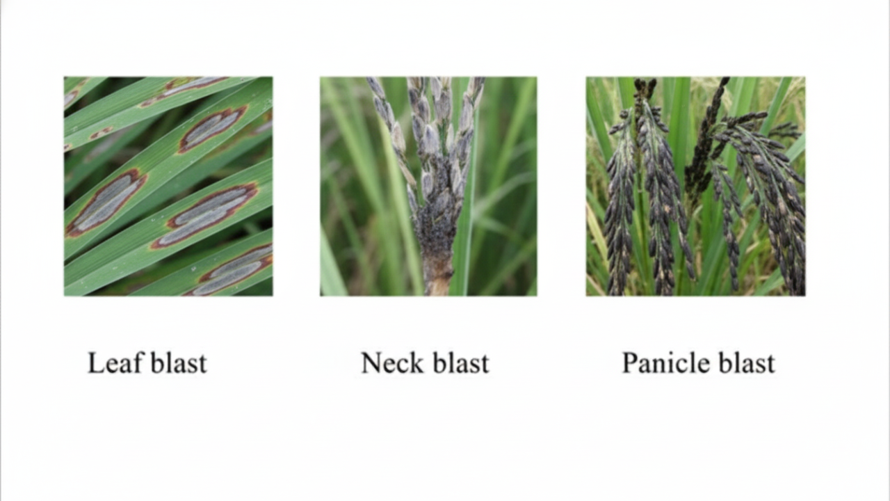 A composite image displays three stages of  blast disease