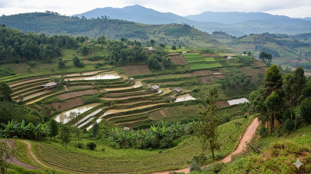A panoramic view of terraced, green hillsides and scattered forest in a rural