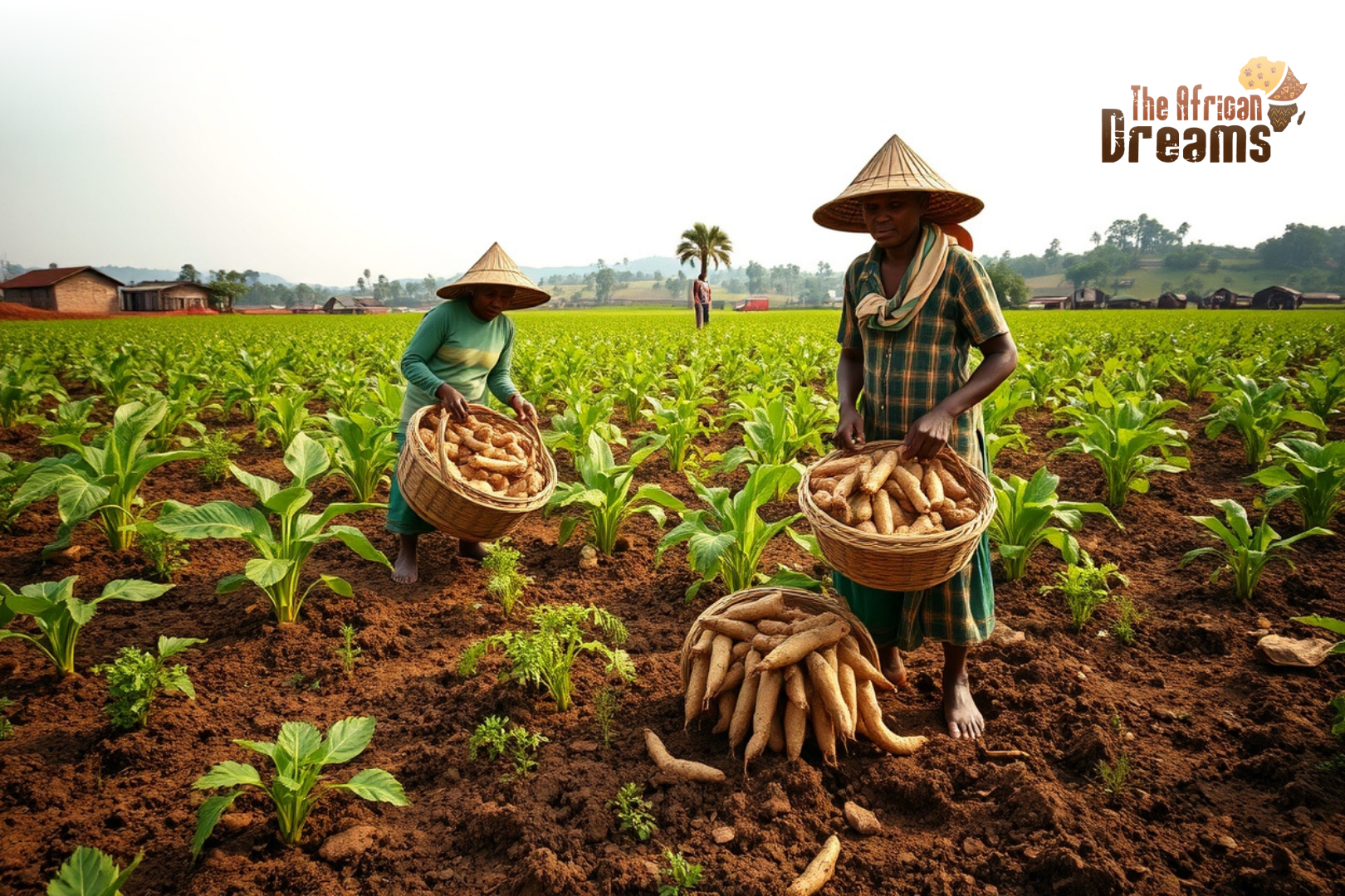 Farmers in rural Congo harvesting cassava in a lush green field with baskets of fresh roots