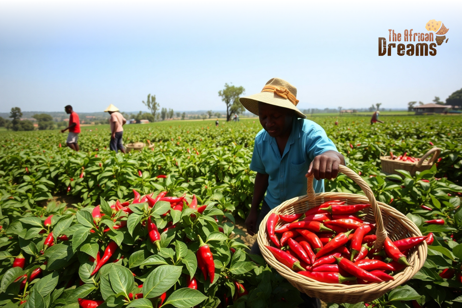 Congo_Chilli_Pepper_Industry_Realistic Farmers harvesting red chilli peppers in a rural Congolese field with baskets full of fresh chillies.”
