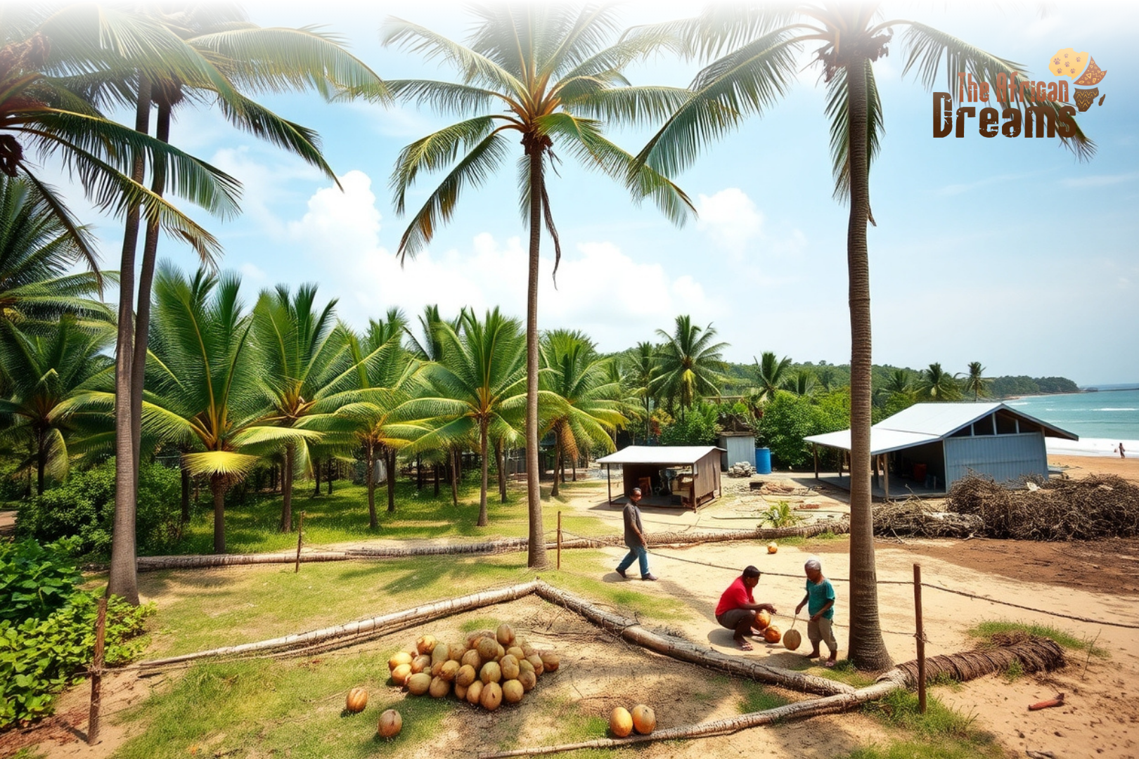 Congo_Coconut_Oil_Water_Industry Coconut palm farms in coastal Congo with farmers harvesting coconuts near a local processing facility.