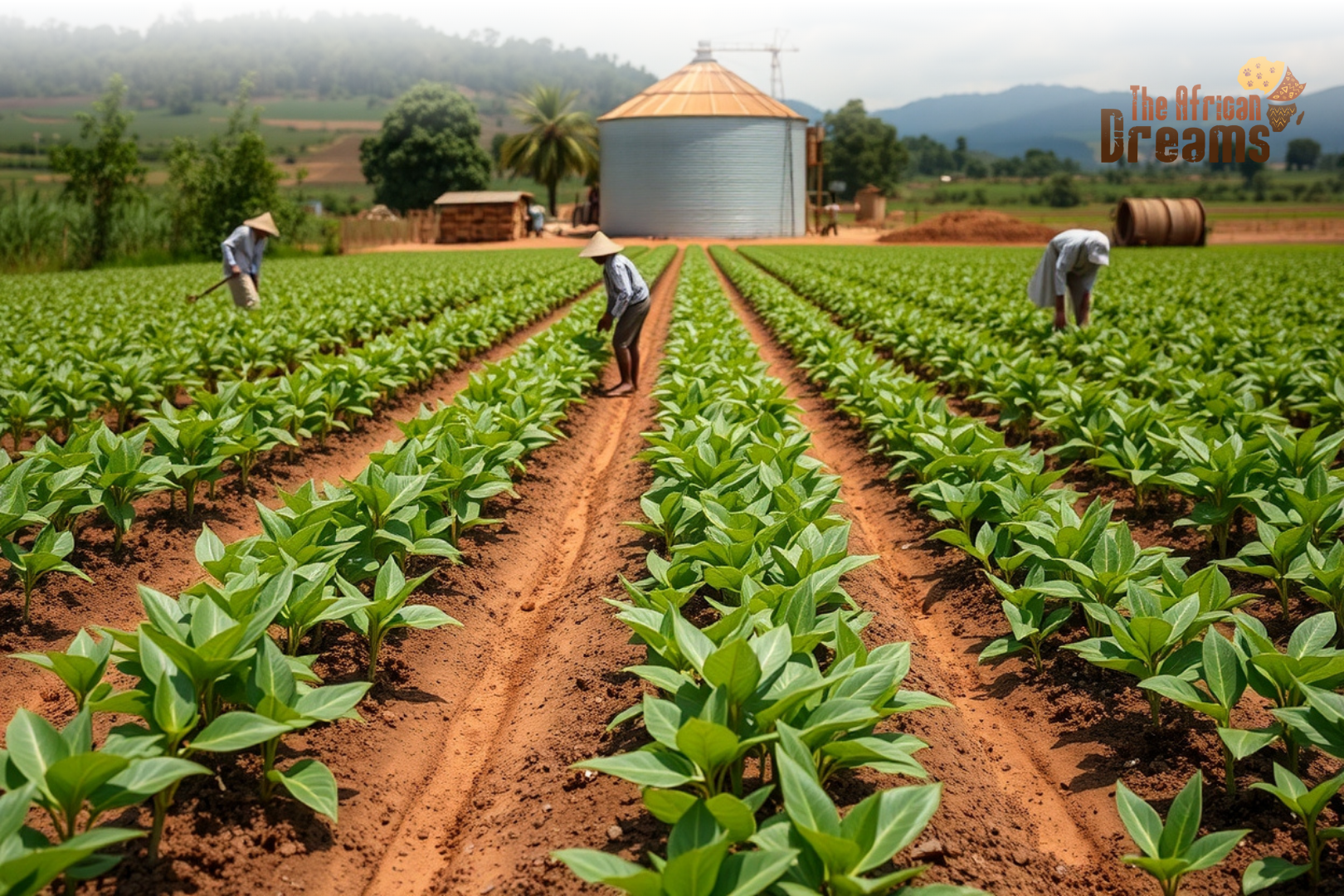 Congo_Soybean_Farming_Potential Soybean fields in Congo with farmers working and a local storage facility in the background.