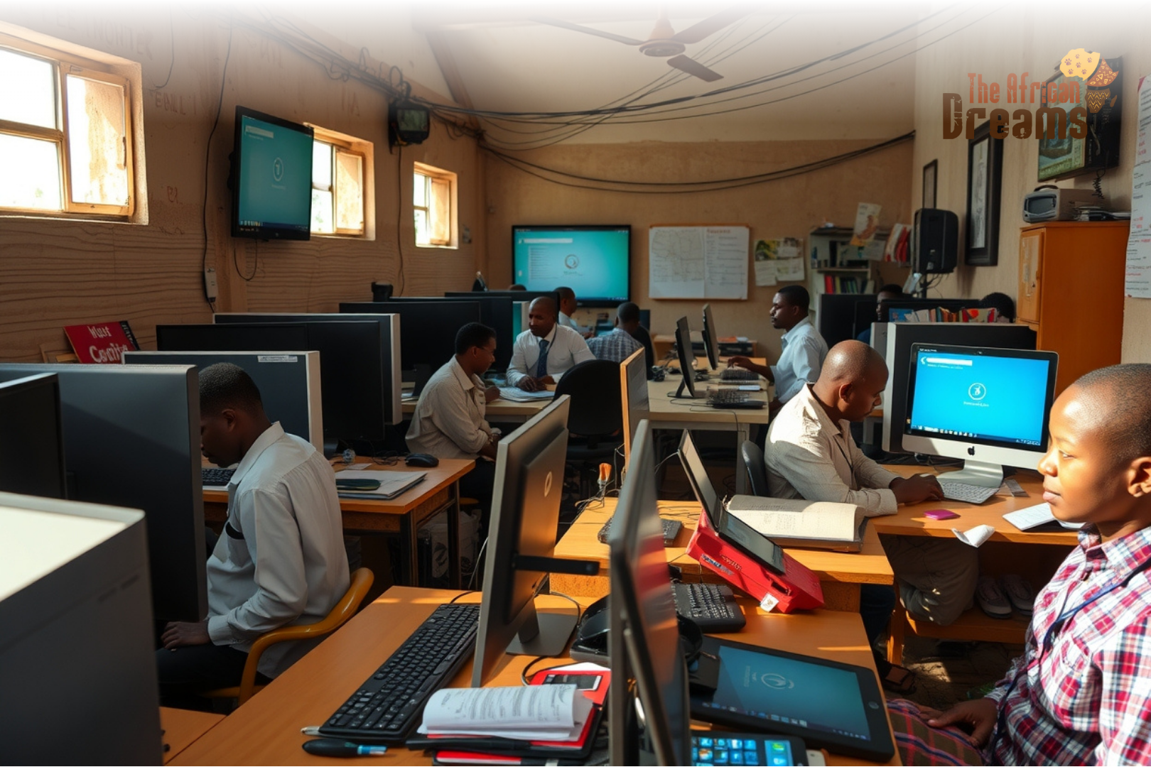 A realistic office scene in Malawi showing firms using digital tools and machinery, highlighting both progress and the challenges of limited connectivity and uneven technology adoption.