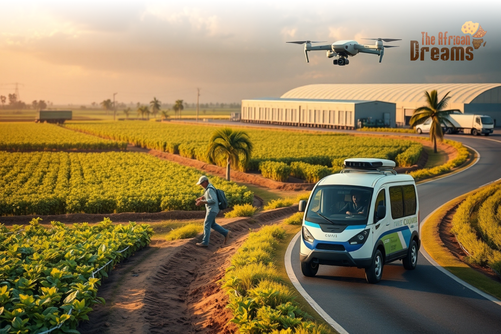 A realistic farming scene in Mozambique showing drones, IoT sensors, modern storage systems and farmers working in fields, highlighting the shift toward bio-tech and smart agri-logistics.