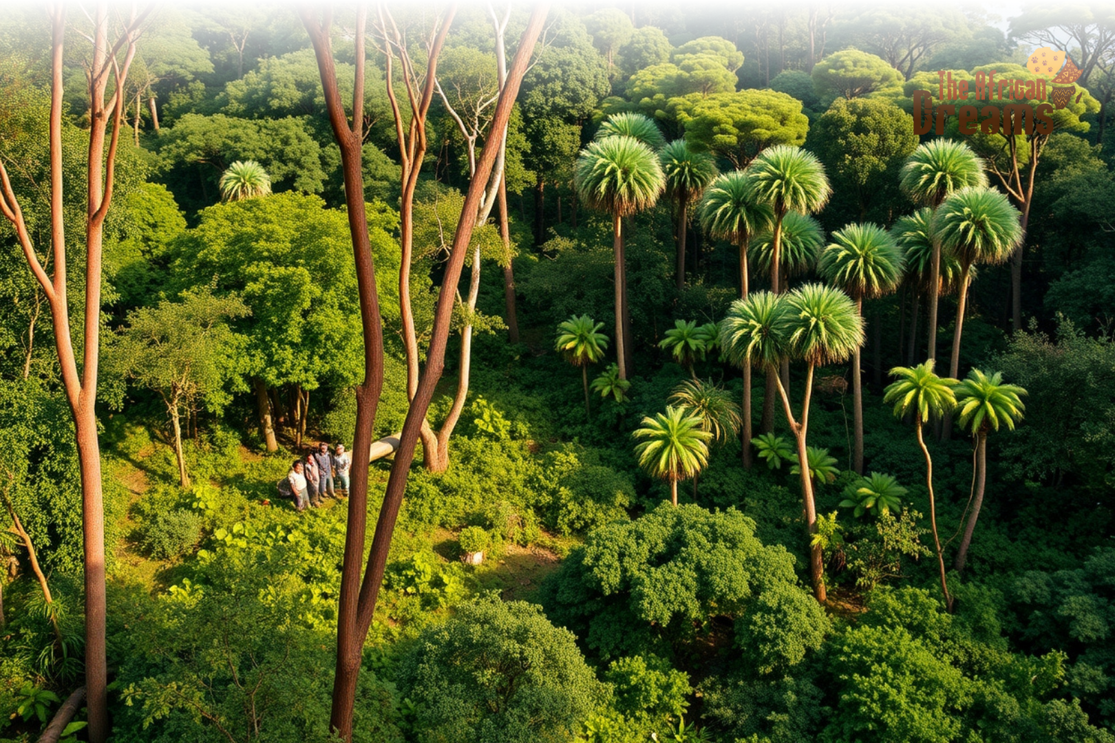 A realistic view of Mozambique’s Miombo woodlands showing sustainable logging activity beside protected forest areas with rangers and restoration efforts.