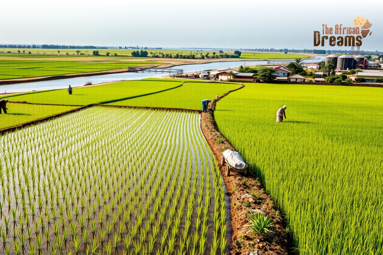 Senegal_Rice_Industry_Investment A view of lush rice fields in the Senegal River Valley with farmers working near irrigation canals and a modern rice mill in the distance.