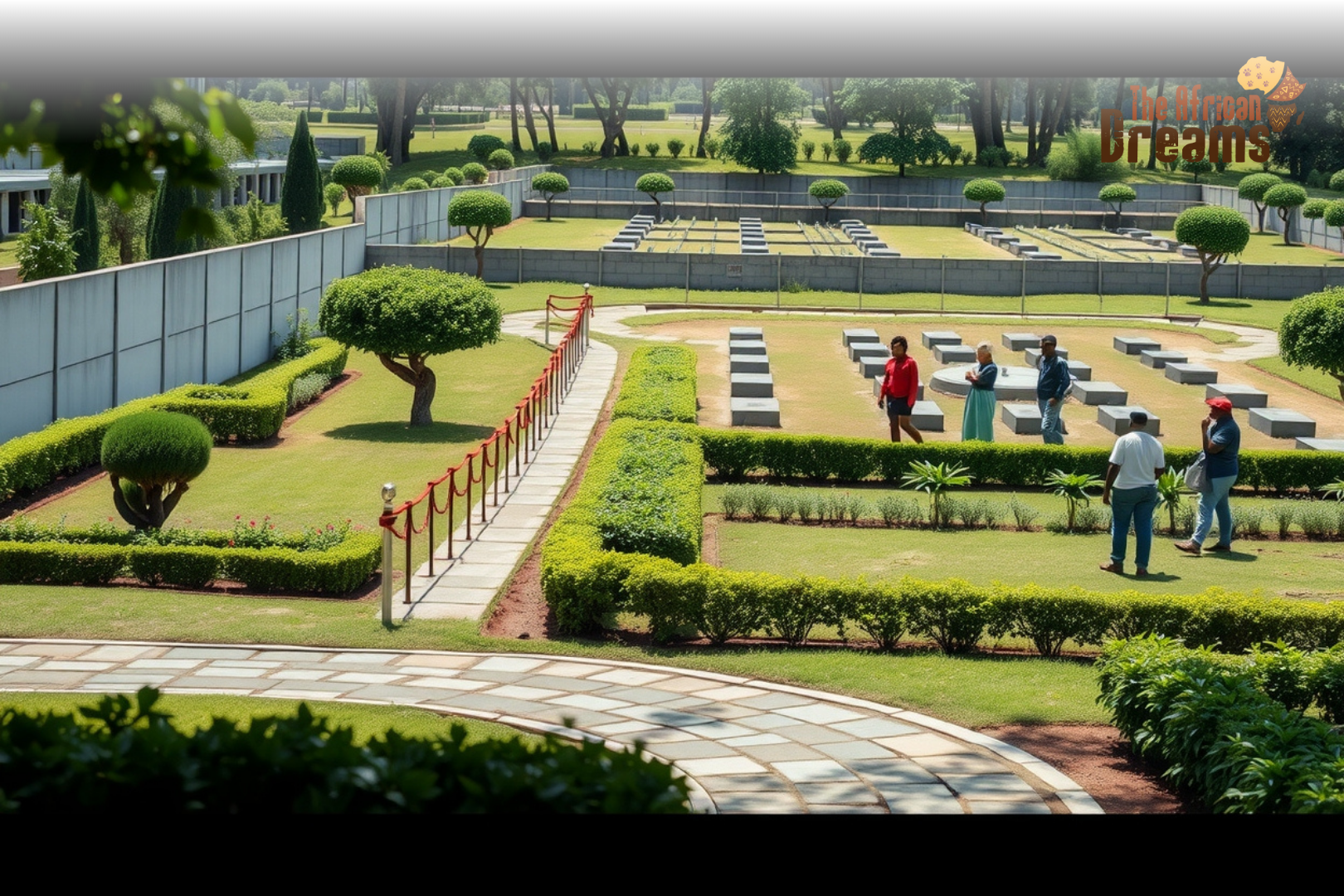 Visitors quietly reflecting in the memorial gardens of the Kigali Genocide Memorial in Rwanda, a site honoring victims of the 1994 Genocide against the Tutsi.