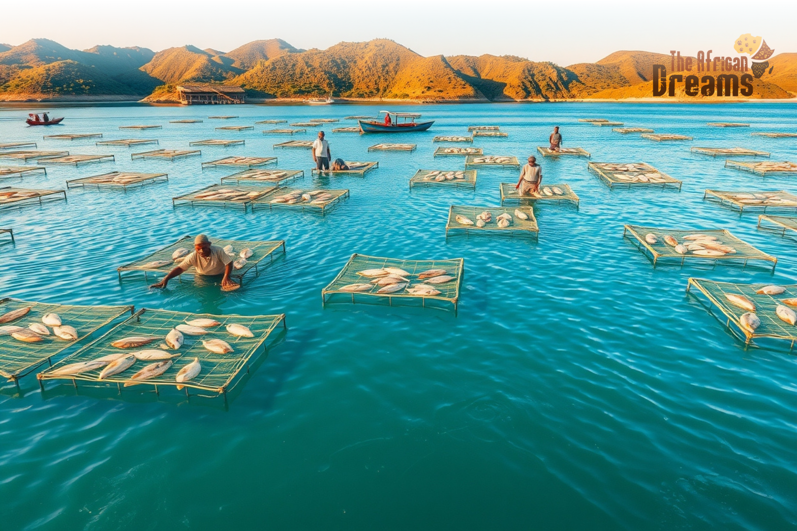 Zimbabwe_Fisheries_Industry_Overview A realistic view of fish farmers working around floating tilapia cages on Lake Kariba with boats and hills in the background.