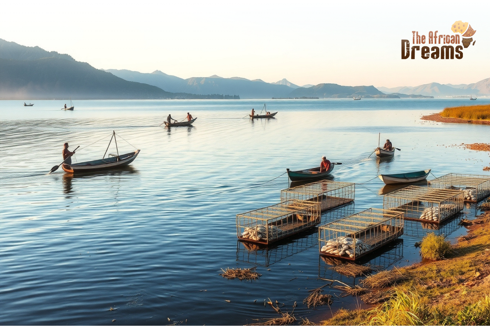 Zimbabwe_Fisheries_Production_Management Fishermen working on Lake Kariba with fishing boats and aquaculture cages, surrounded by natural landscapes in Zimbabwe.