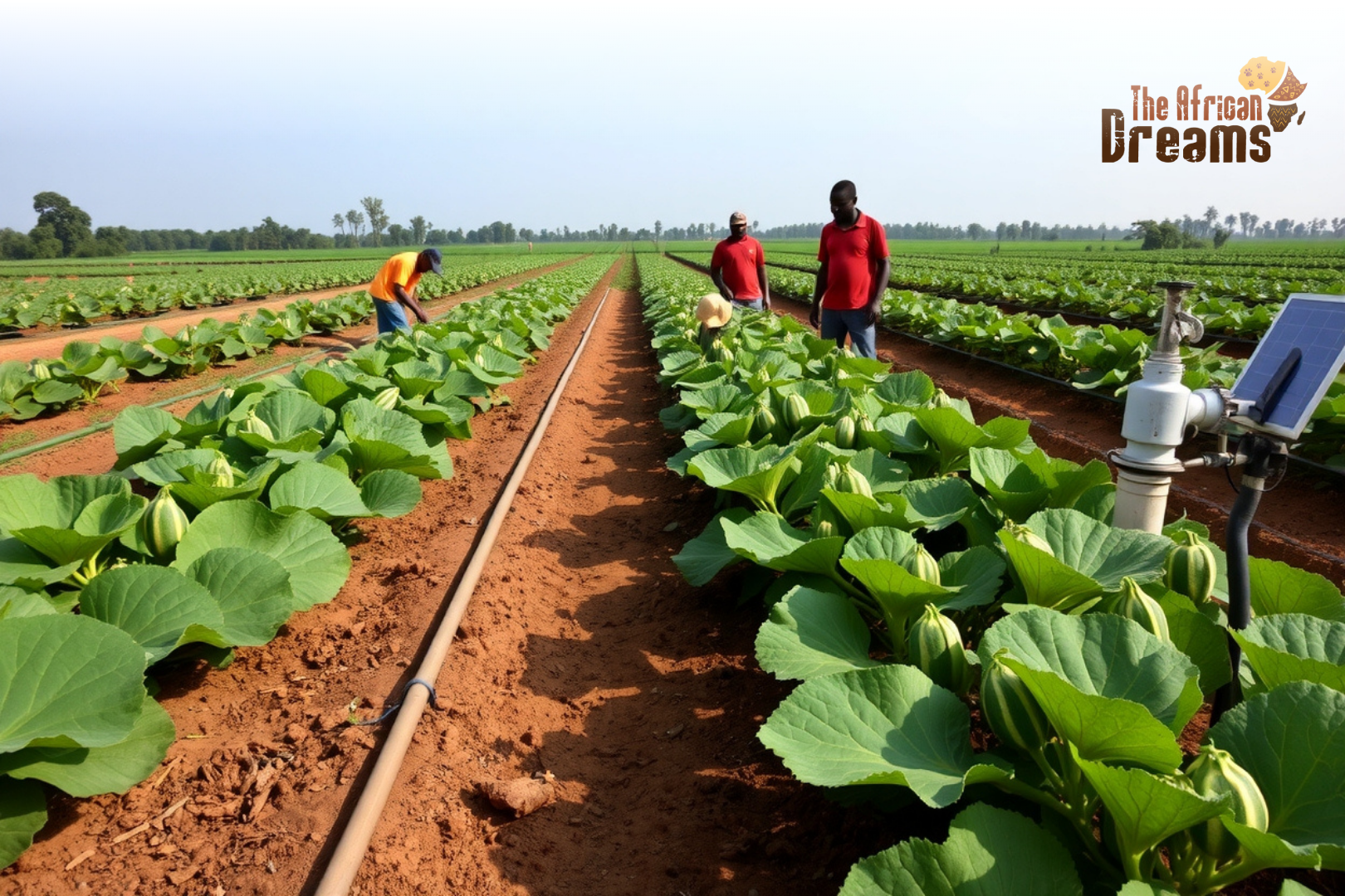 Farmers in Congo tending to zucchini and squash fields with visible irrigation systems in a rural landscape.