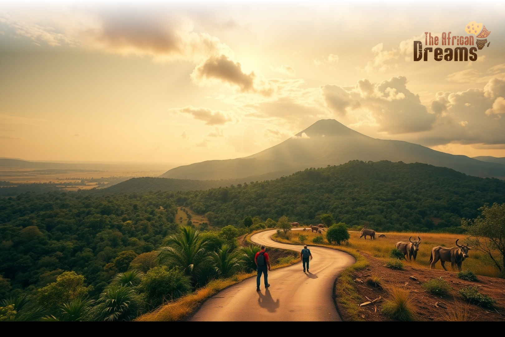 cameroon-tourism-destinations-mount-cameroon-rainforest-safari Panoramic view of Cameroon showing Mount Cameroon, rainforest, and savanna landscapes symbolizing diverse travel destinations.