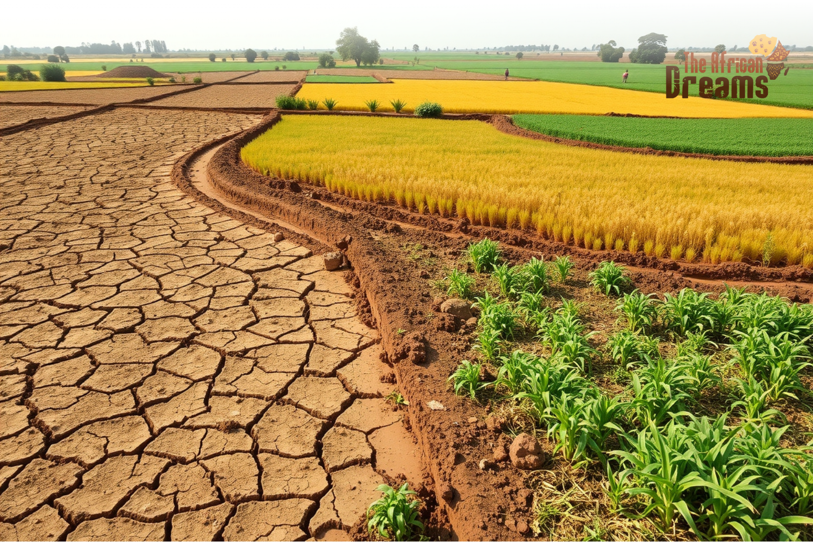 cereal-crops-uganda-challenges A realistic view of Ugandan smallholder farmers working in millet, sorghum, and finger millet fields with mixed cropping, traditional tools, and a landscape showing both drought-affected soil and healthy resilient crops.
