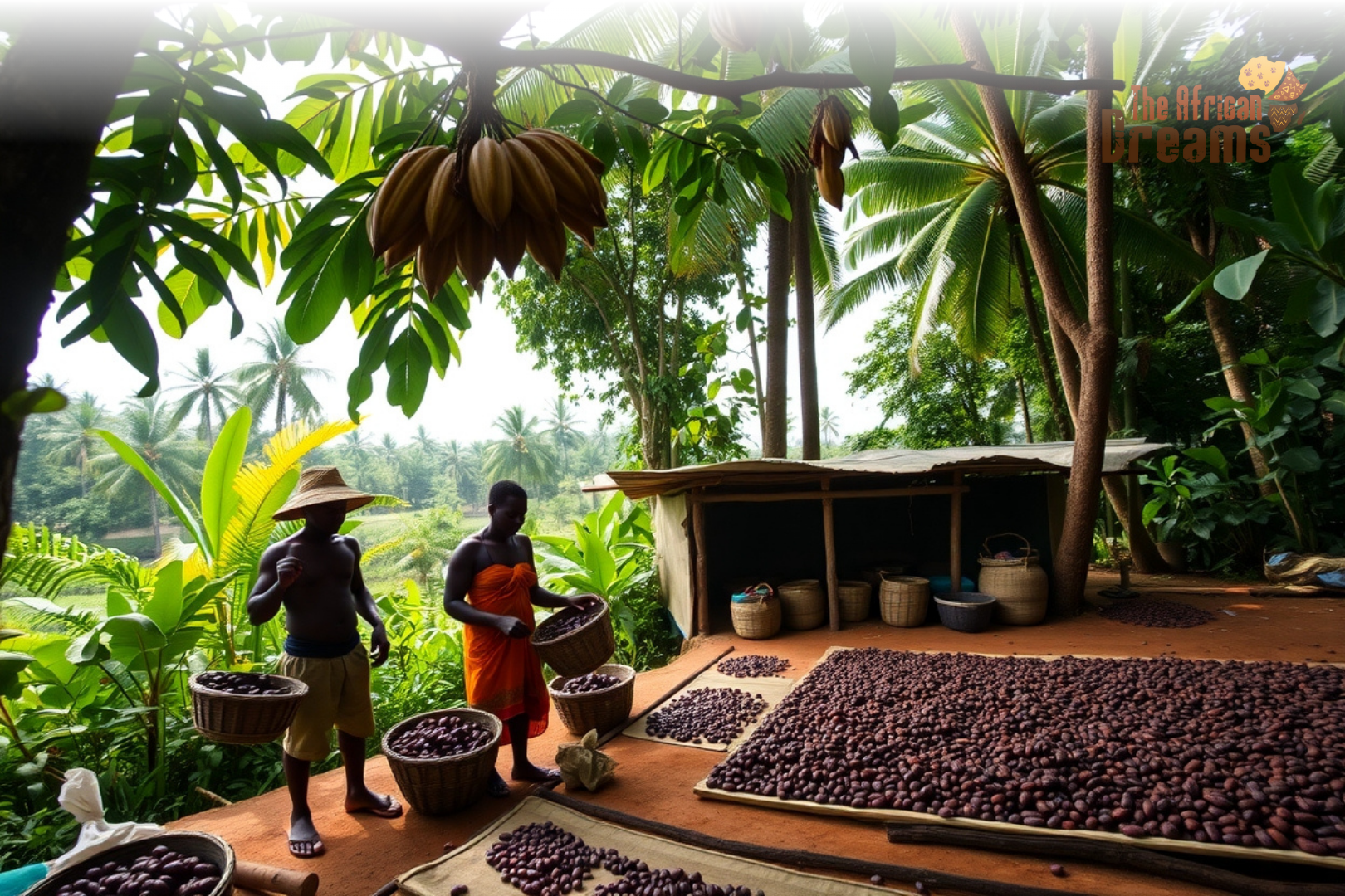 Congo Basin cocoa farmers harvesting ripe cocoa pods and drying beans in a forested rural environment.