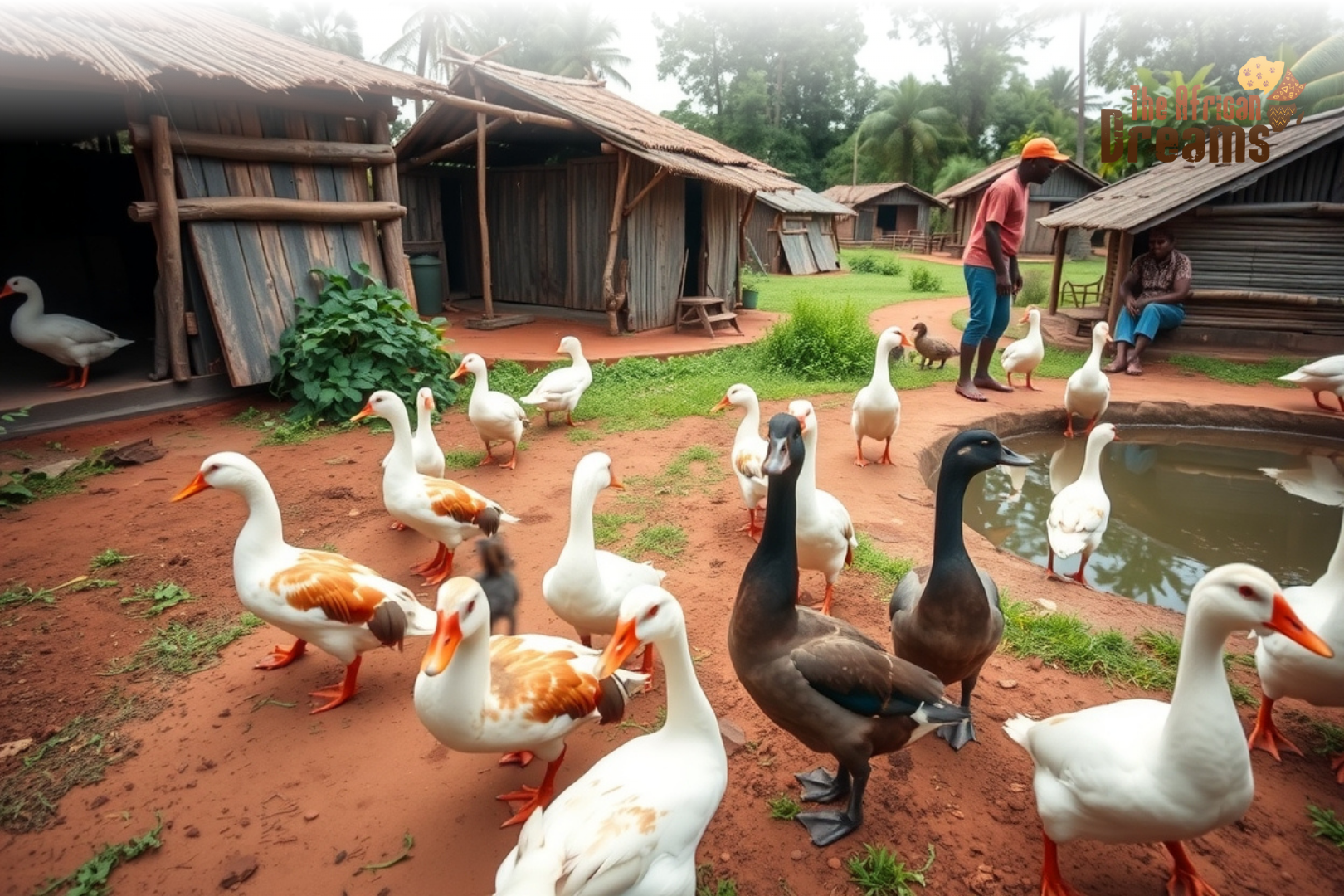Muscovy ducks on a rural Congo farm with farmers feeding them near water ponds and simple wooden shelters.